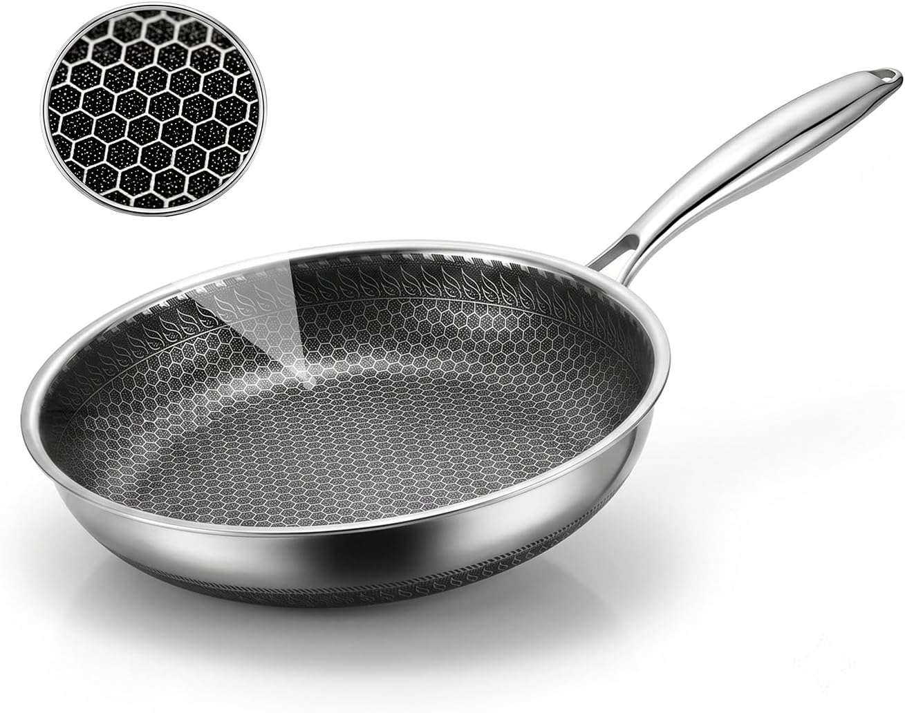 8 Inch Nonstick Frying Pan, Honeycomb Stainless Steel Fajita Skillet, PFAS PFOA PTFE Free, Scratch-Proof & Metal Utensil Safe, All Cooktops Compatible, Dishwasher & Oven Safe