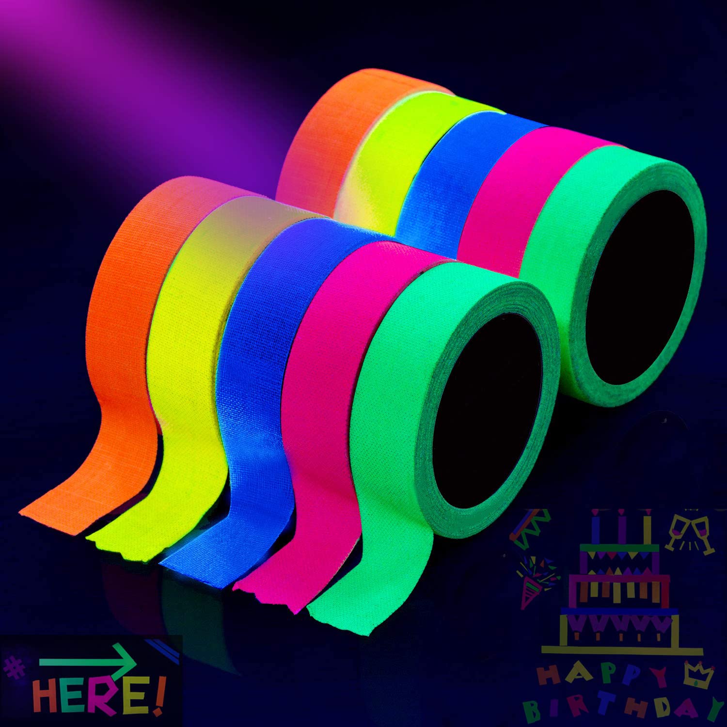 SYOSI Neon Gaffer Cloth Tape UV Blacklight Reactive Tape Fluorescent Neon Gaffer Tapes for Black Light Party Supplies for Room Decorations Glow in the Dark Cloth Tape 10 Rolls