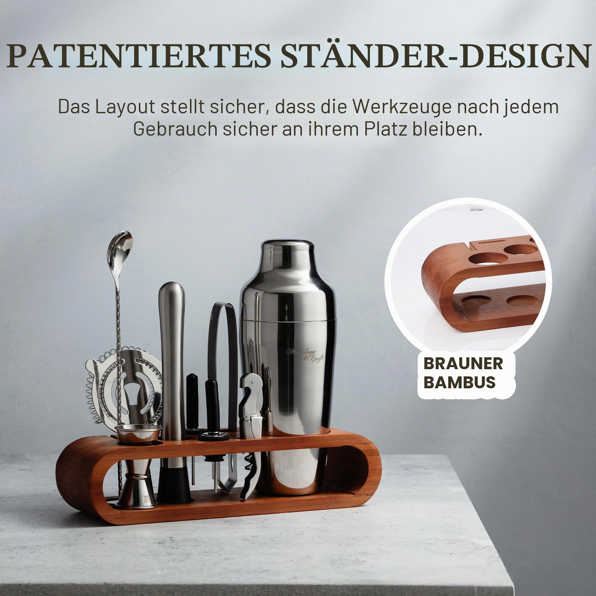 Mixology & Craft Cocktail Set (10-tlg.) - Edles Cocktail Shaker Set mit Shaker aus Edelstahl und Bar Zubehör im Holzständer aus Mahagoni - Dekoratives Geschenkset - Silber