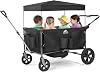 4 Seater Foldable Wagon Stroller & Cargo with 5 Piece Harness, Adjustable Push/Pull Handles, Removable Sun Canopy, One Step Lock Design, Family Travel, 4 Kids Riders, Perfect Gift