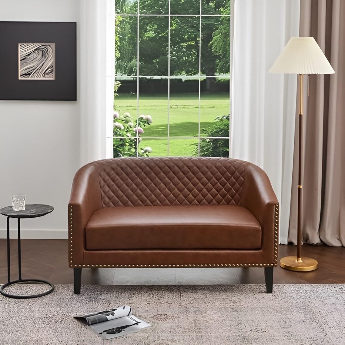 Quilted Faux Leather Loveseat Sofa, Brown, Barrel Chair with Nailhead Trim, 50" W x 28" D x 29.5" H for Our Living Room Or Bedroom (Brown)-image-18