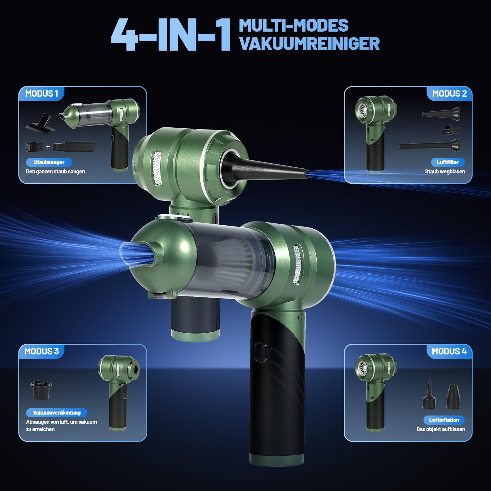 HANSILK Handstaubsauger Akku Kabellos 4 in 1 25000PA Mini Staubsauger Faltbarer Auto Staubsauger Stark mit 3 Gang 220000 Umin Bürstenlosem Motor für Auto Küche Sofa Büro Tierhaare Hausreinigung