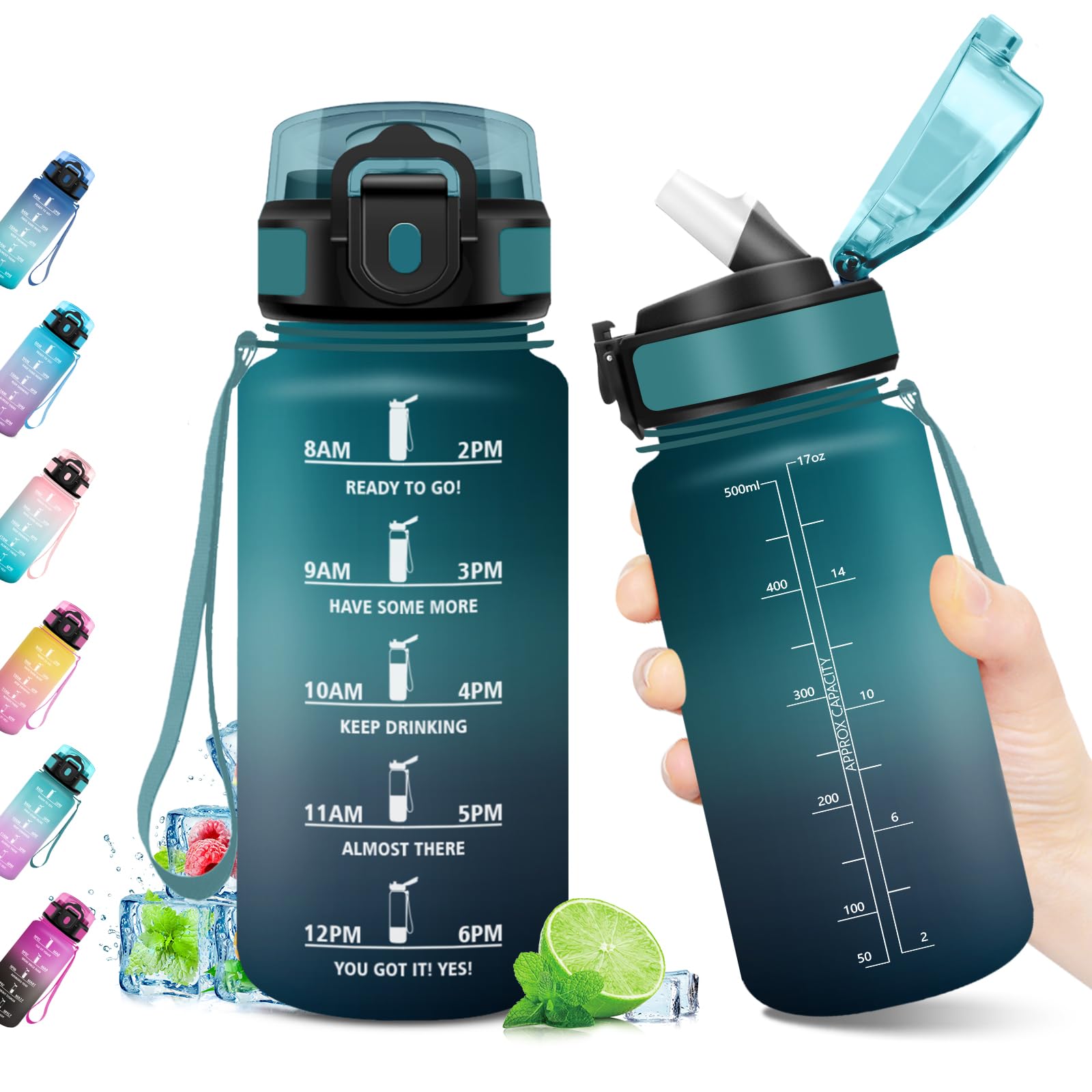 Borraccia 500ml, Bottiglia con Indicatore del Tempo Motivazionale, Bottiglia con Cannuccia, Riutilizzabile, Borraccia senza BPA, A Prova di Perdite, per Bambini, Scuola, Ufficio, Gym, Picnic