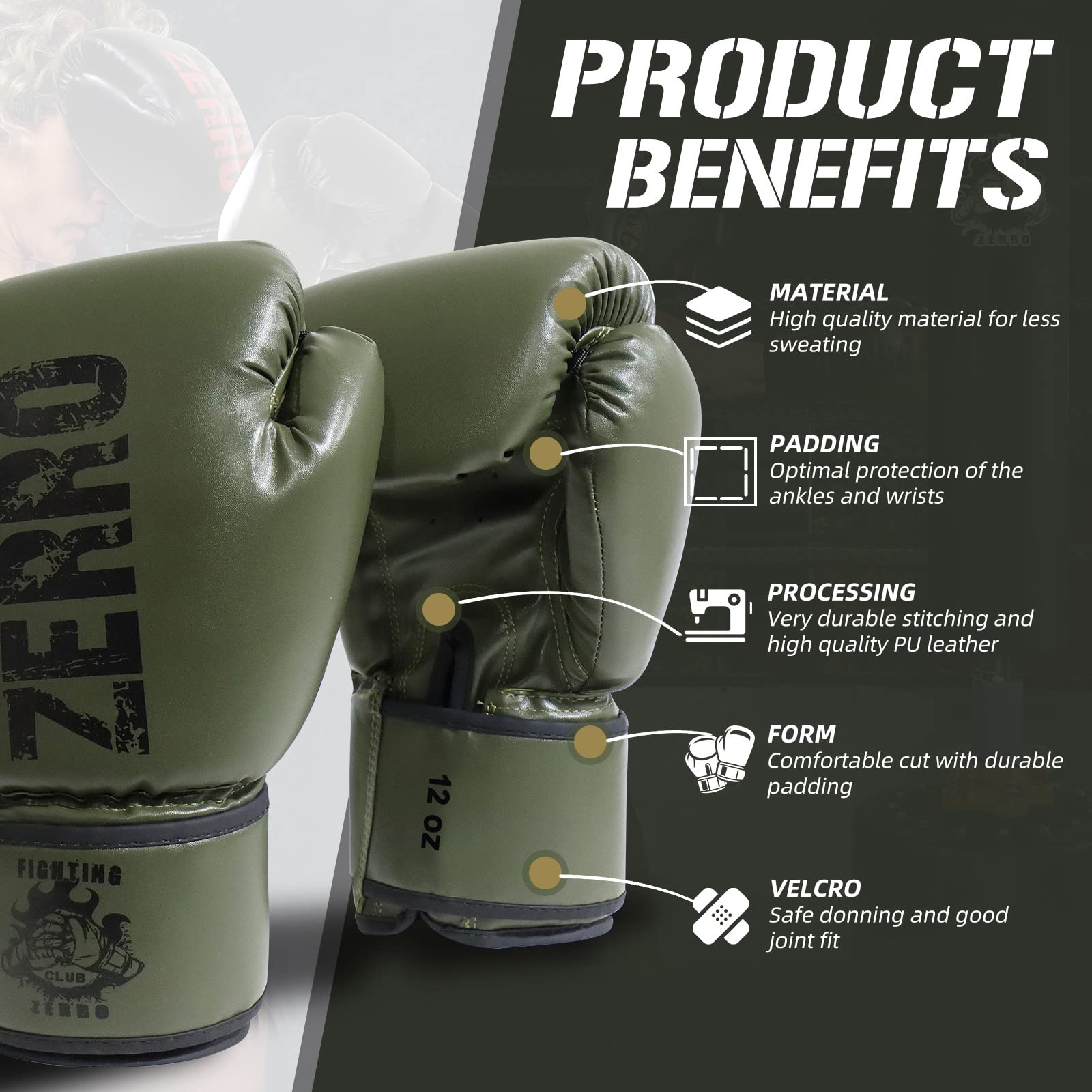 ZERRO Guantoni da Boxe in Pelle PU 12 14oz per Allenamento e Sparring Muay Thai Kickboxing