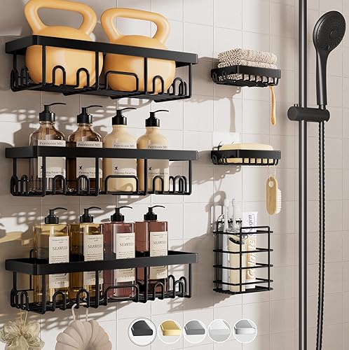 Veken Stainless Steel Shower Caddy 6-Pack, Adhesive Rustproof Shelves Rack with Soap Holder, Large Capacity Bathroom Organizers and Storage, No Drilling Wall-Mounted Kitchen & Home Decor, Bath Decor - Black - 6-Piece Set