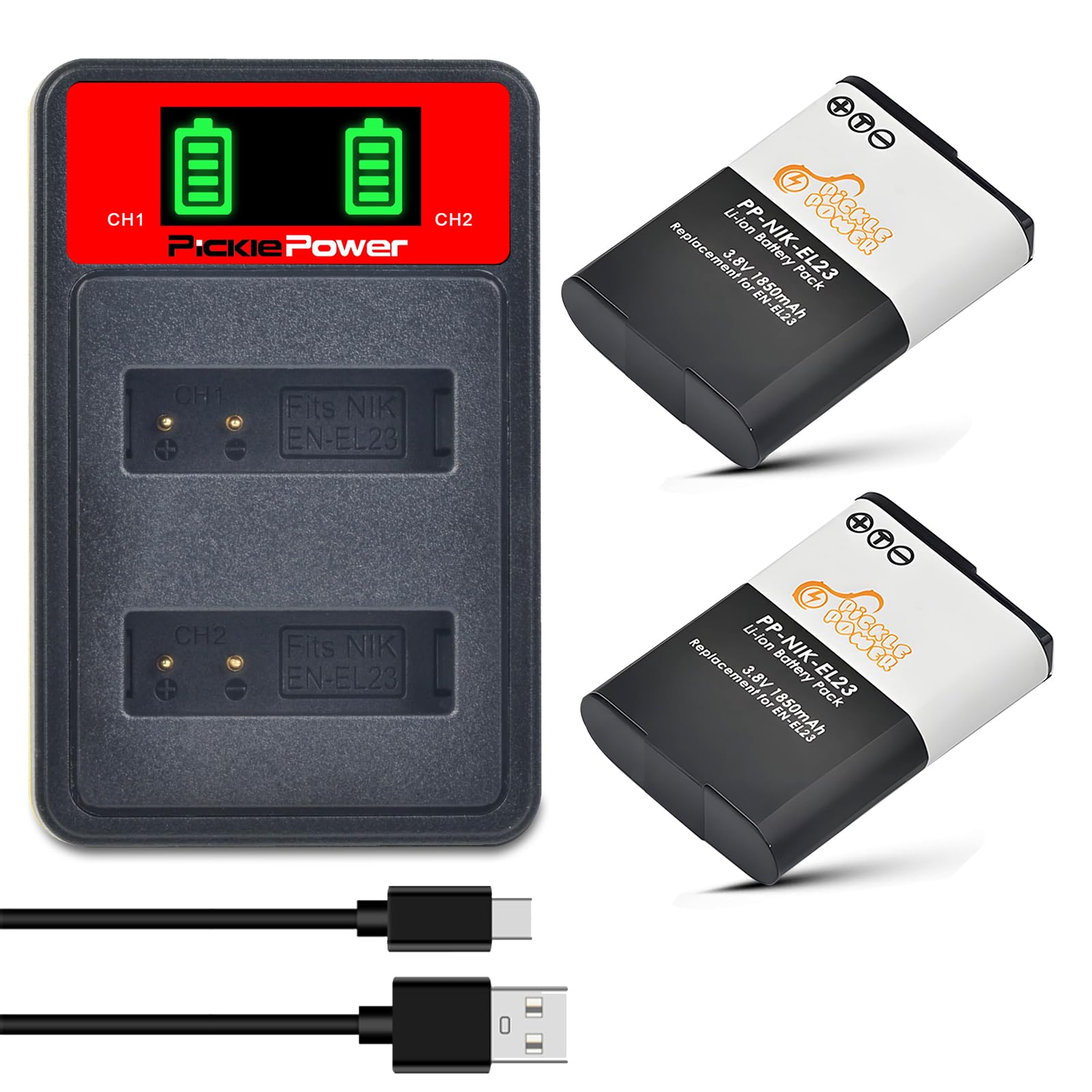Pickle Power1850mAh 2Pcs EN-EL23 Battery and Charger for Nikon Coolpix  P600, P610, P610s, B700, P900, P900s, S810c Camera