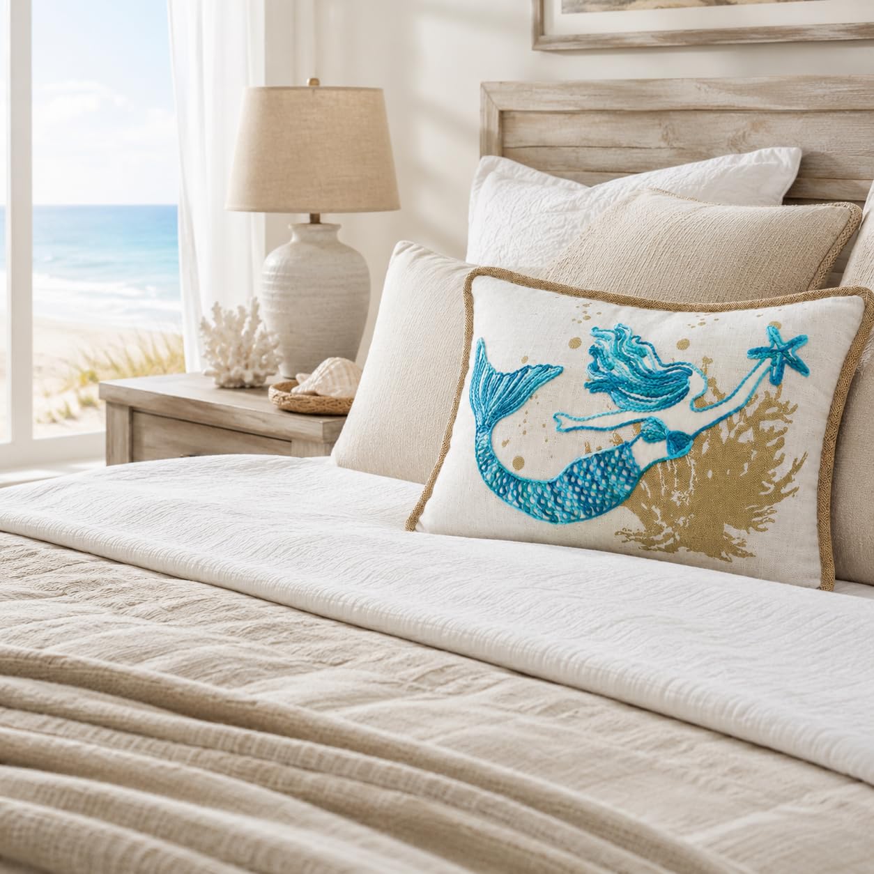 Comfy Hour Almohada de sirena de 18 x 13 pulgadas, decoración costera de estrella de mar | Estrella de mar, poliéster bordado azul azulado y dorado, decoración náutica para sofá, cama, sofá, oficina