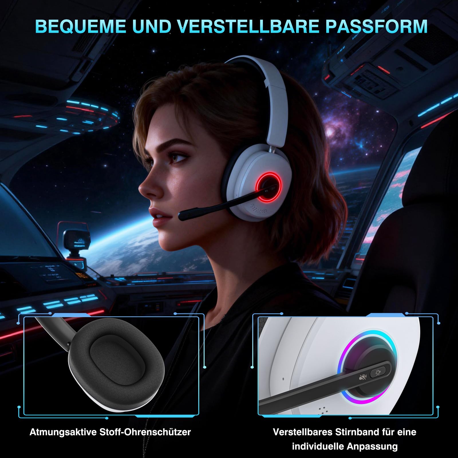 Earbay Cuffie da gioco senza fili con microfono per PS5/PS4/PC/Switch/Mac, 2,4 GHz & BT 6.0 wireless (≤ 20 ms) e cuffie con cavo da 3,5 mm, microfono con cancellazione del rumore, 7.1 Surround, luce