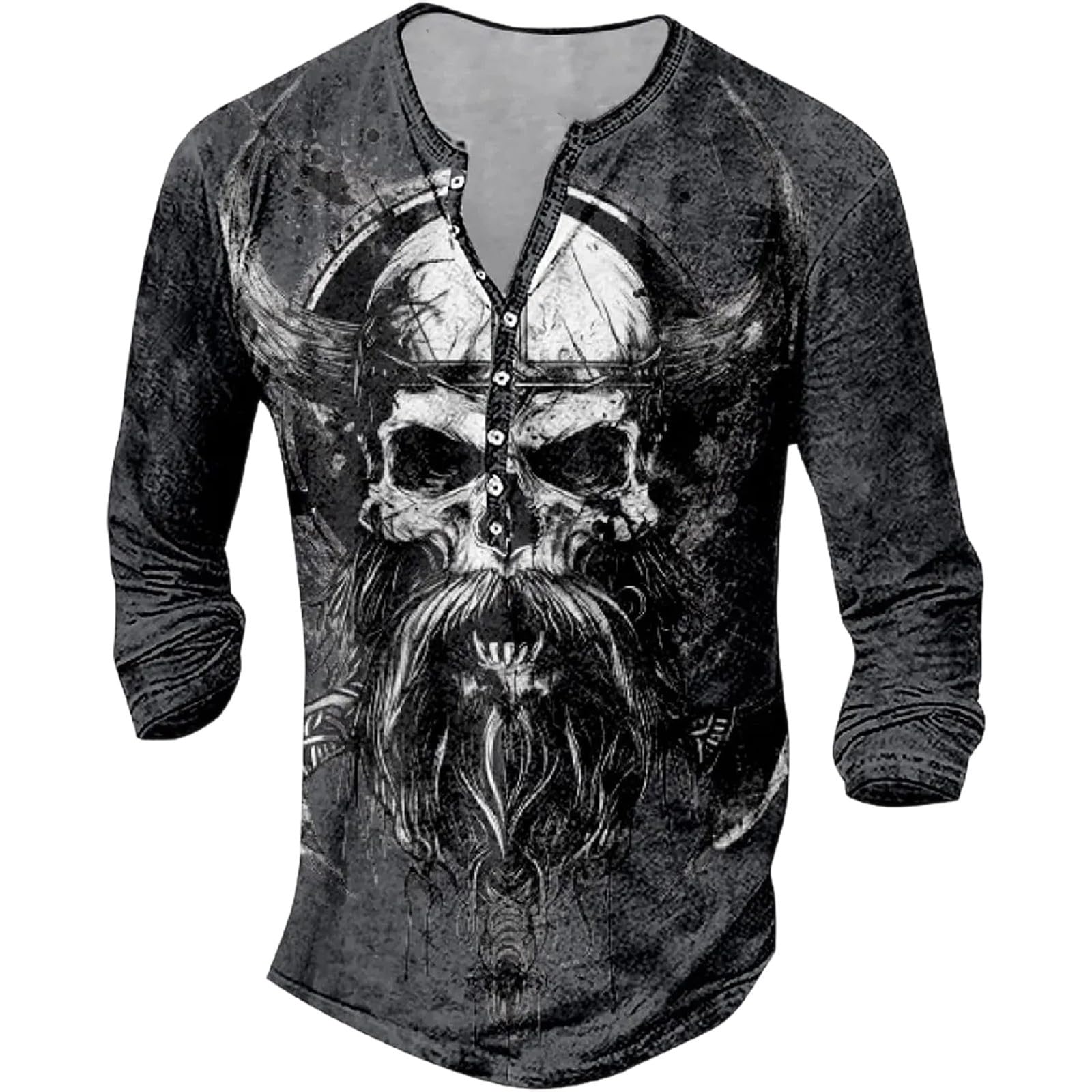 Men's Gothic Nordic Mythology T Shirts Retro Printed V Neck Lace Up Long Sleeve Pullover Vintage Distressed Henley Shirt Top Street Tshirt Sports Shirt, F Blue, 4XL