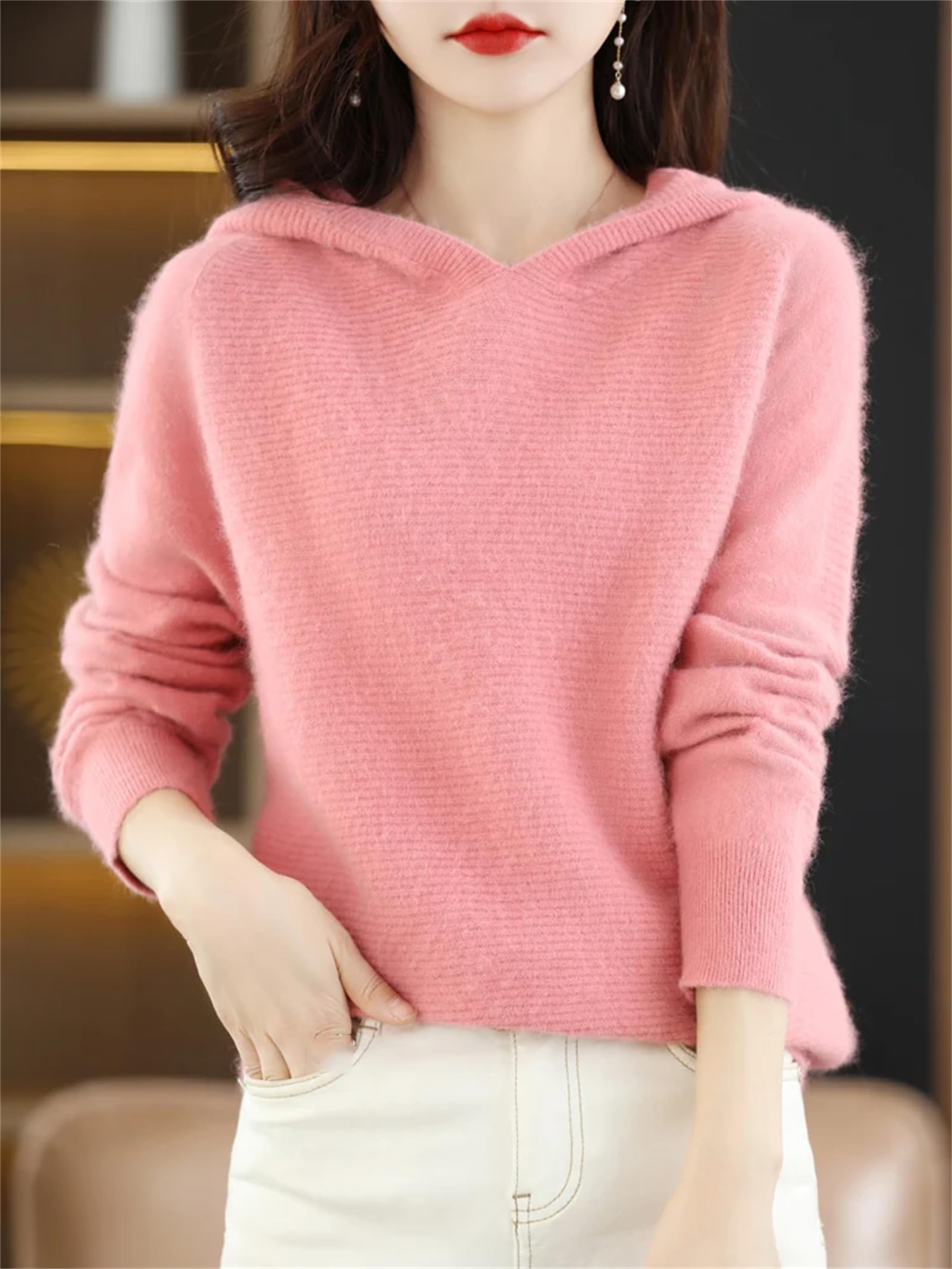 Maglione da donna pullover con cappuccio in cashmere invernale manica raglan a righe tinta unita moda casual top, Pnnrk, XL