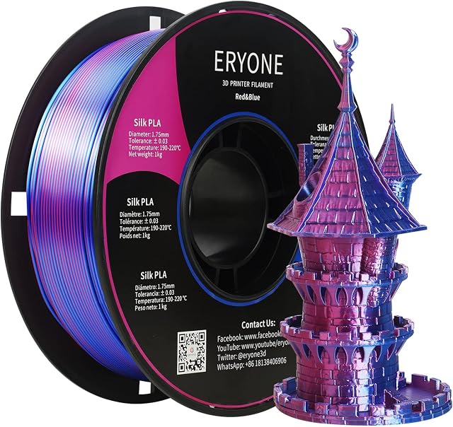 Eryone Silk Dual-Color PLA Filament 1.75mm, 3D Printer Filament PLA, Dimensional Accuracy +/- 0.05mm, 1KG Spool, Silk Red&Blue