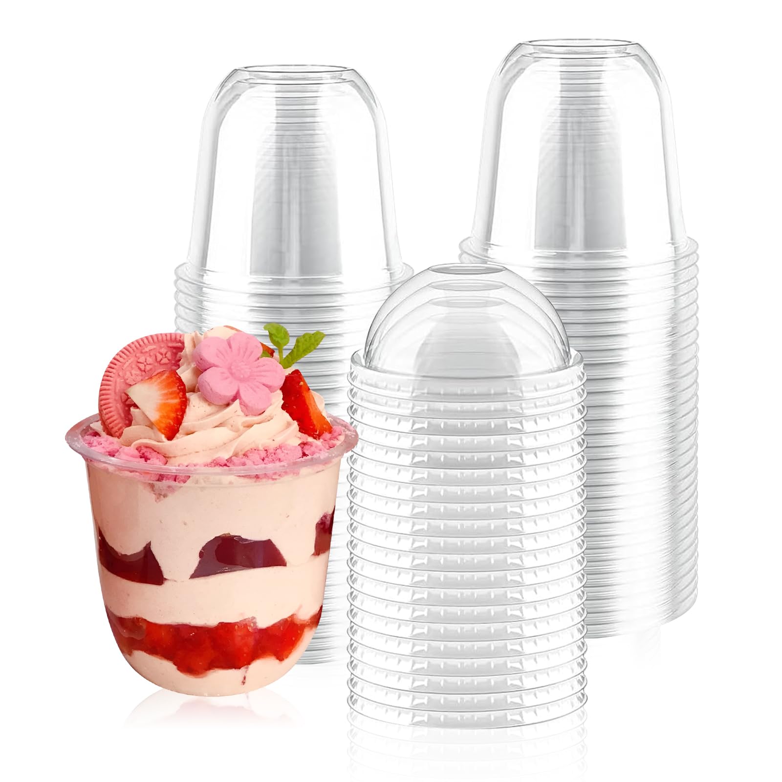 50 Stück Plastik Dessertbecher mit Deckel 360ml mit 50 Löffeln Transparent Dessertgläser Plastik Wiederverwendbar Plastikbecher für DIY Desserts Pudding Mousse Eis