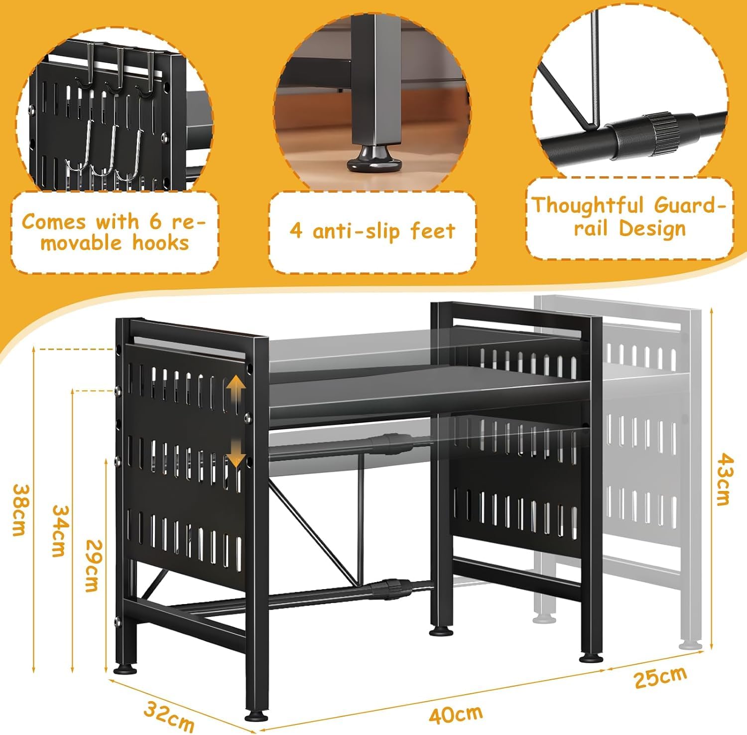 Mensola Microonde Estensibile, Regolabile Due Livelli Microonde Scaffale, Scaffale Salvaspazio Acciaio Carbonio Ripiano Contatore Cucina Organizzatore Ripiani, Scaffale Cucina con 6 Ganci
