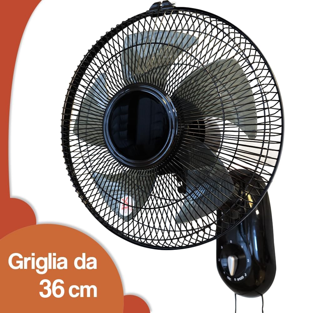 BAKAJI Ventilatore da Parete con Griglia da 36 cm e 3 Livelli di Velocità Selezionabili, Raffrescatore a Muro con 5 Pale in Polipropilene, 65 Watt di Potenza con Oscillazione Laterale Automatica