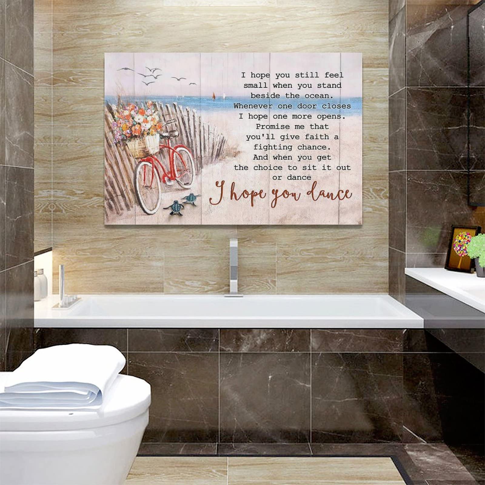 Stampa su tela con citazioni motivazionali di tartaruga marina e bicicletta da parete, stampa su tela con scritta I hope you dance, opera d'arte moderna incorniciata per bagno, cucina, sala da