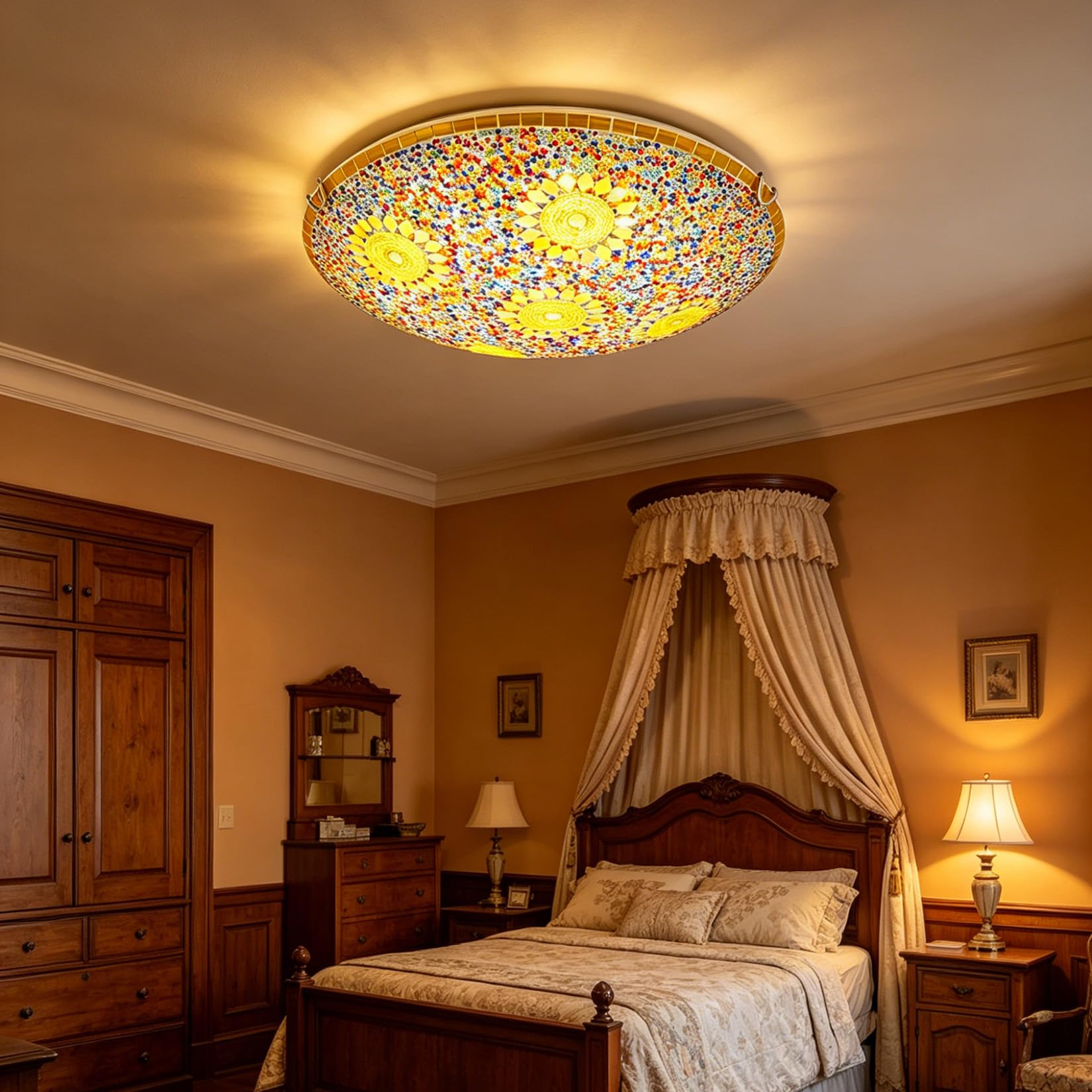 Turkish Sunflower Ceiling Light, Tiffany Style Flush Mount Ceiling Lamp Handmade Mosaic Yellow Stained Glass Ceiling Fixture for Bedroom, Hallway, Kitchen, Dining Room Cafe Bar, E26/E27,16inch