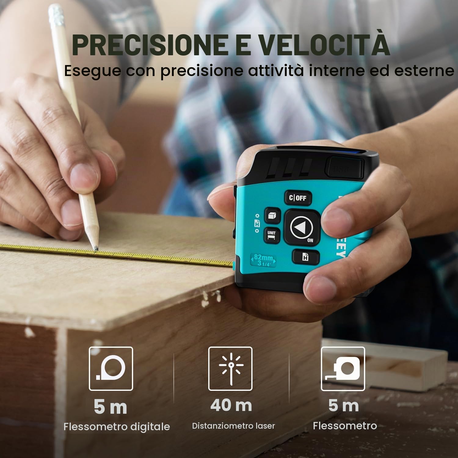 MiLESEEY DT20 Metro a Nastro Laser 3 in 1, 40m Misuratore Laser di Distanz | 5m metro a nastro, schermo digitale in tempo reale, unità FT/FT+in/in/M, misurazione / volume / area, modalità pitagorica