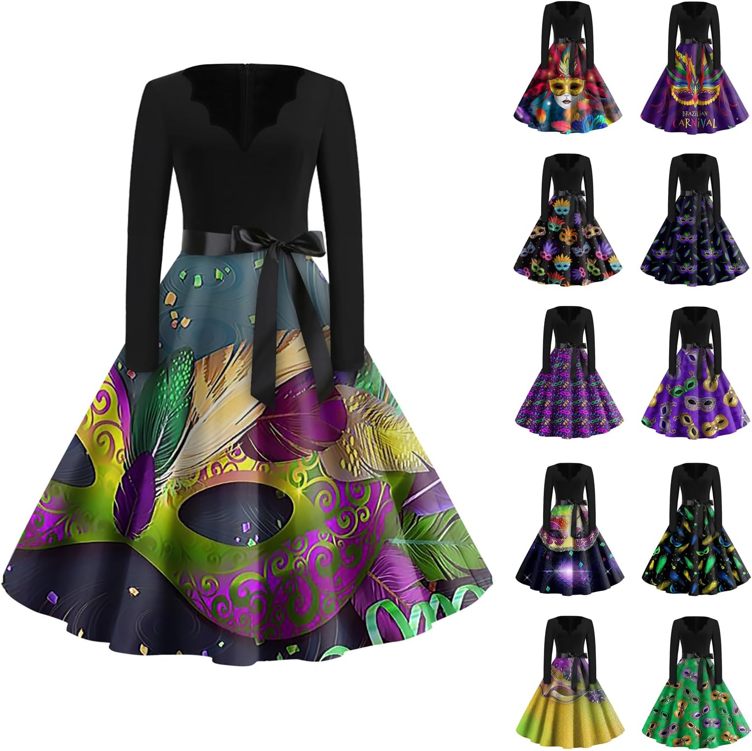 BasysinMardi Gras Dress for Women 1950s Vintage Prom Dress Long Sleeve Crewneck Printed Carnival Party Dresses with Belt