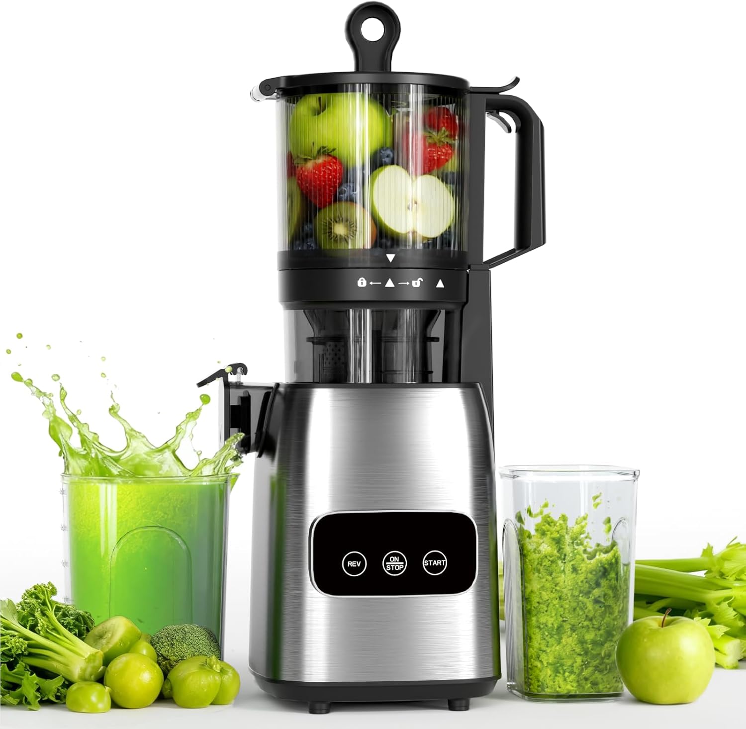 Kndko Cold Press Juicer, Juicer Machines with 5.4″ Large Feed Chute for Whole Vegetables & Fruits, Professional Slow Masticating juicer with Large Auger, Self Feeding, High Juice Yield, Easy to Clean