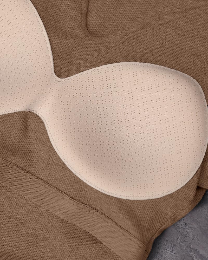 CHICME Womens Rib-Knit Tops Bulit-in Shelf Bra Shirt Long Sleeve Shirts Fall Tops Khaki-L - Image 5