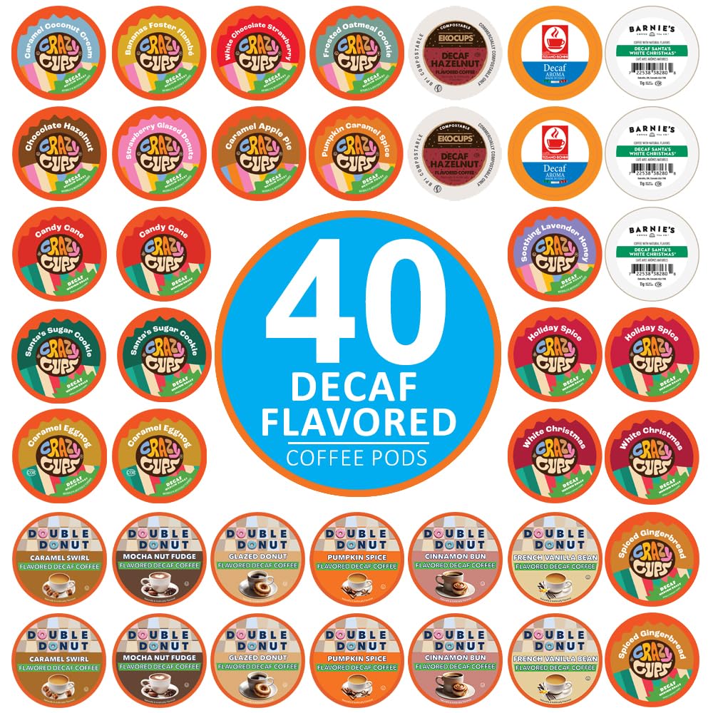 Flavored Decaf Coffee Pods Variety Pack Compatible with Keurig K Cups Brewers, 40 Count, Assorted Decaffeinated Flavored Coffee Sampler(Pack of 1)
