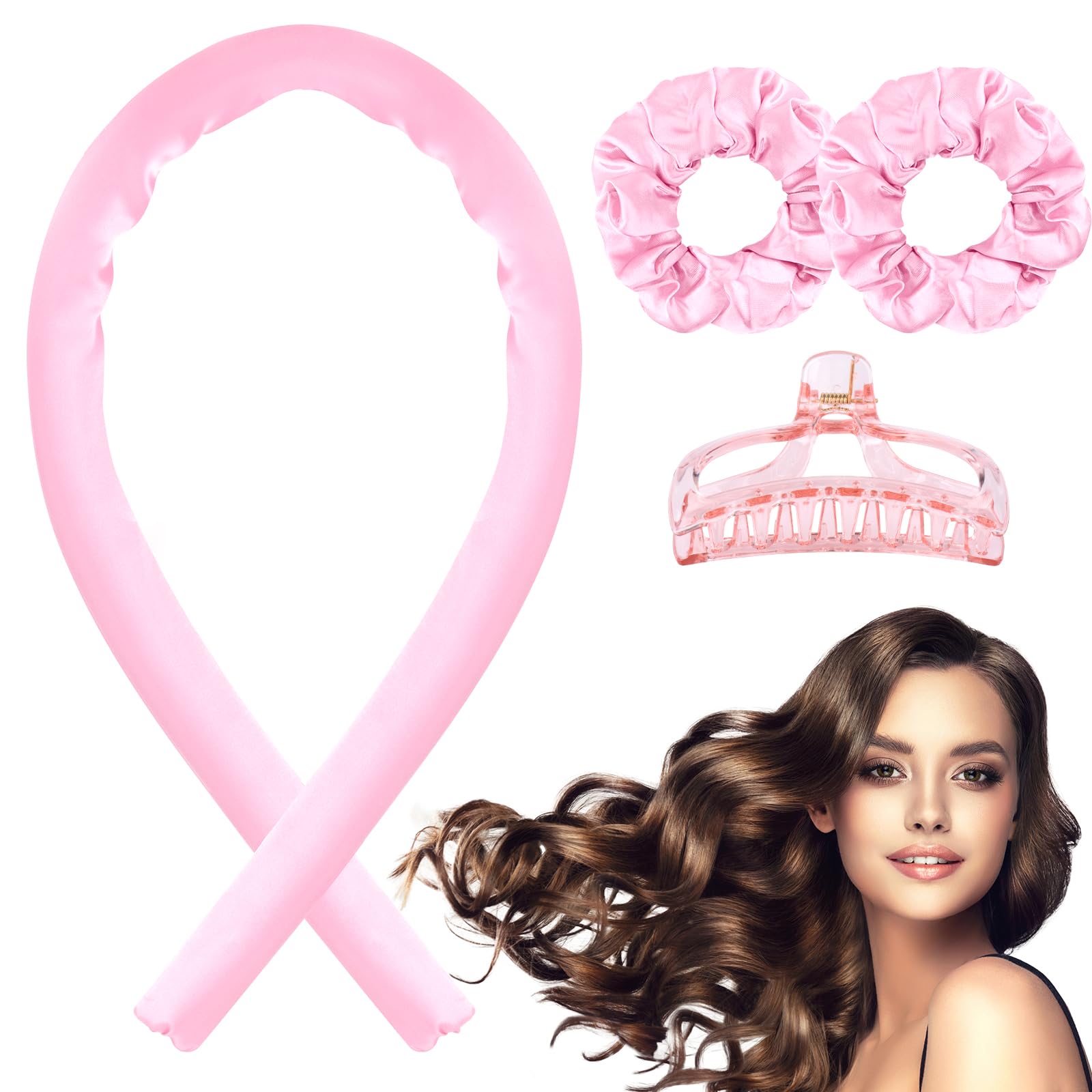 Rizador Pelo Sin Calor,Rizadores de Pelo Sin Calor Para Cabello Largo,Rizadores de Ondas Con Diadema Suave, Rizadores de satén sin calor, Rizadores de cabello sin calor durante la noche-Rosado