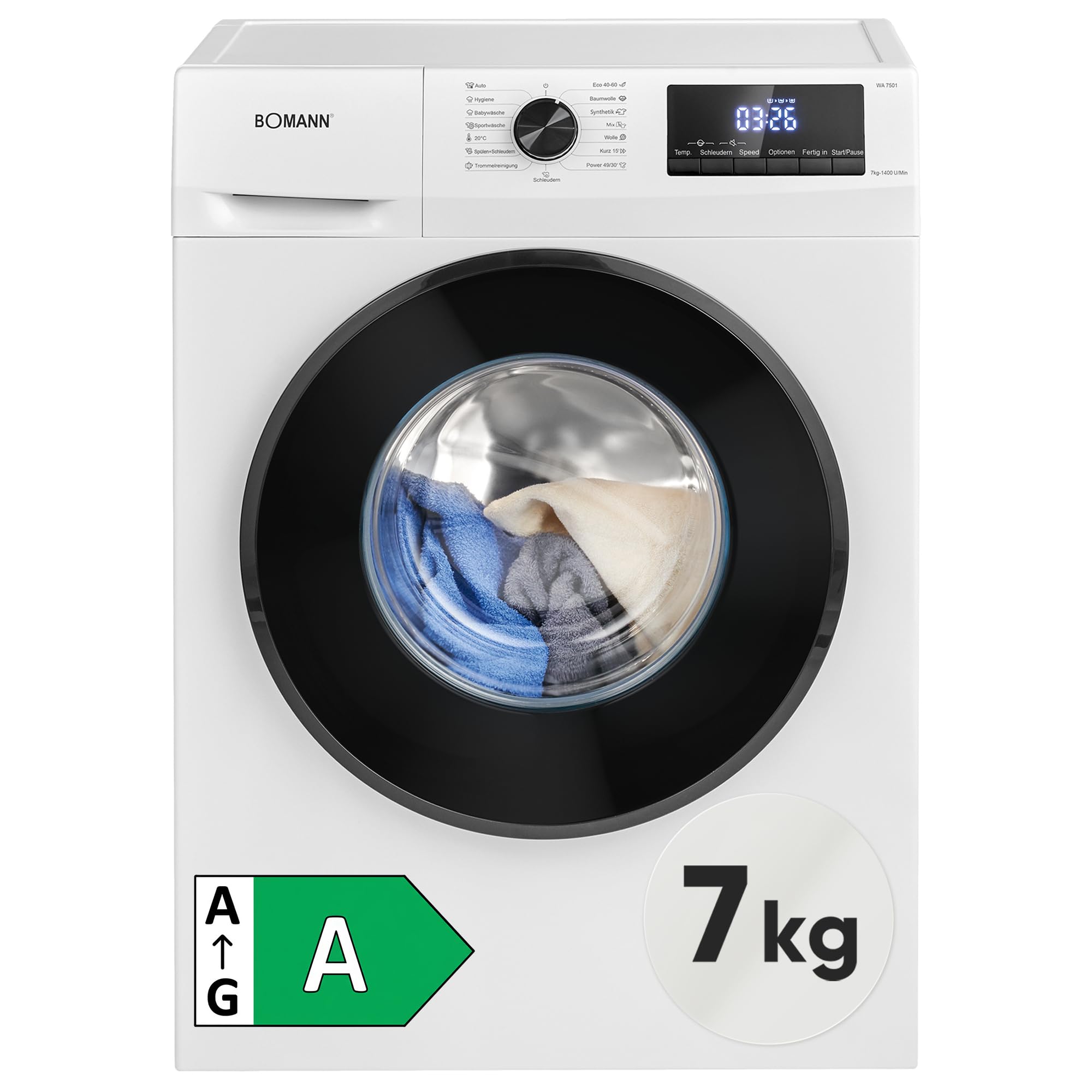Bomann® Waschmaschine 7kg | 10 Jahre Motor-Garantie | Invertermotor - effizient, leise & langlebig | inkl. Aqua-Stop | max. 1400 U/min | 15 Programme | LED-Display | Washing Machine | WA 7501 weiß