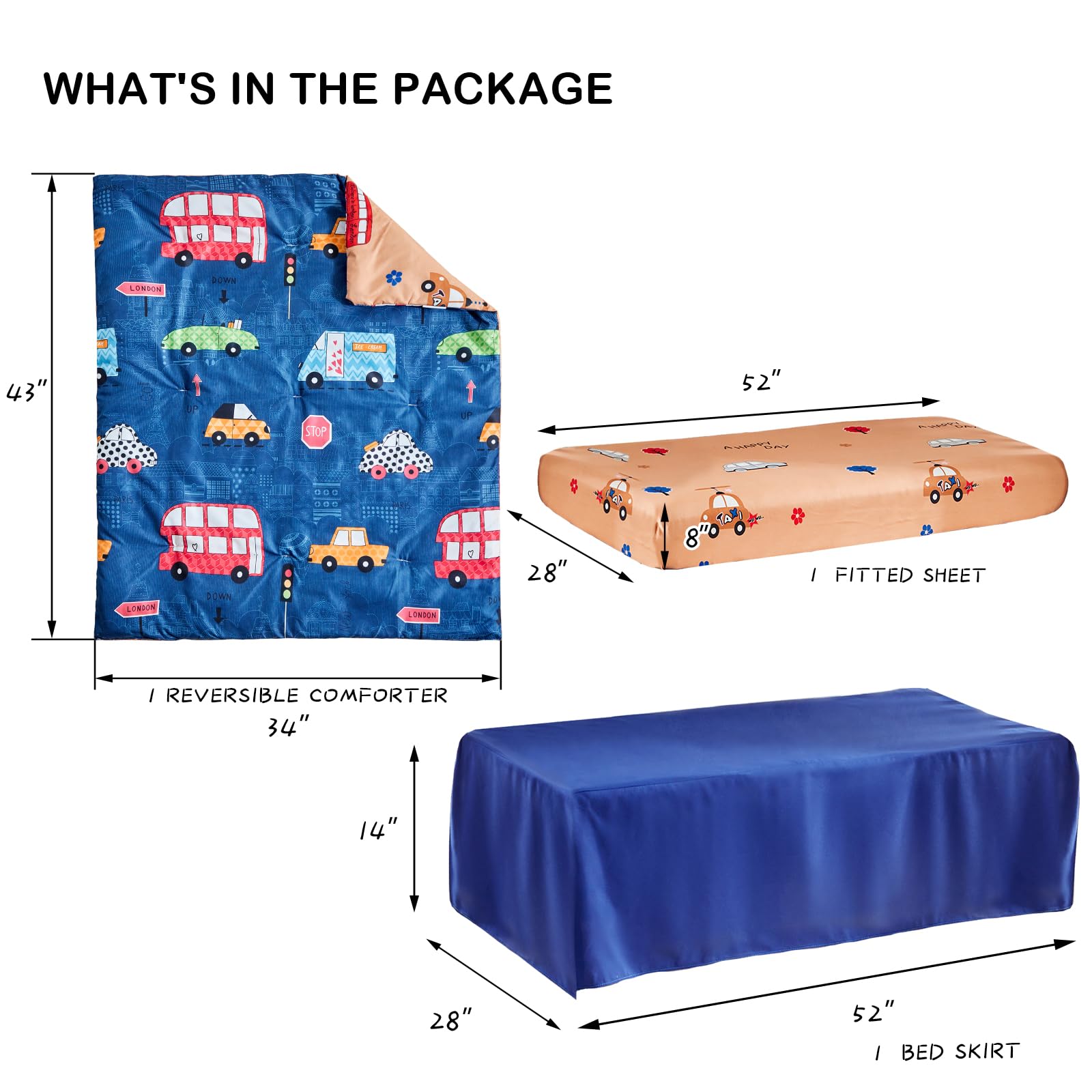 Juego de ropa de cama de 3 piezas para cuna, edredón azul marino con coches azules, verdes y rojos, edredón acolchado, sábana bajera y falda para bebés niños y niñas, bonito juego de cama colorido