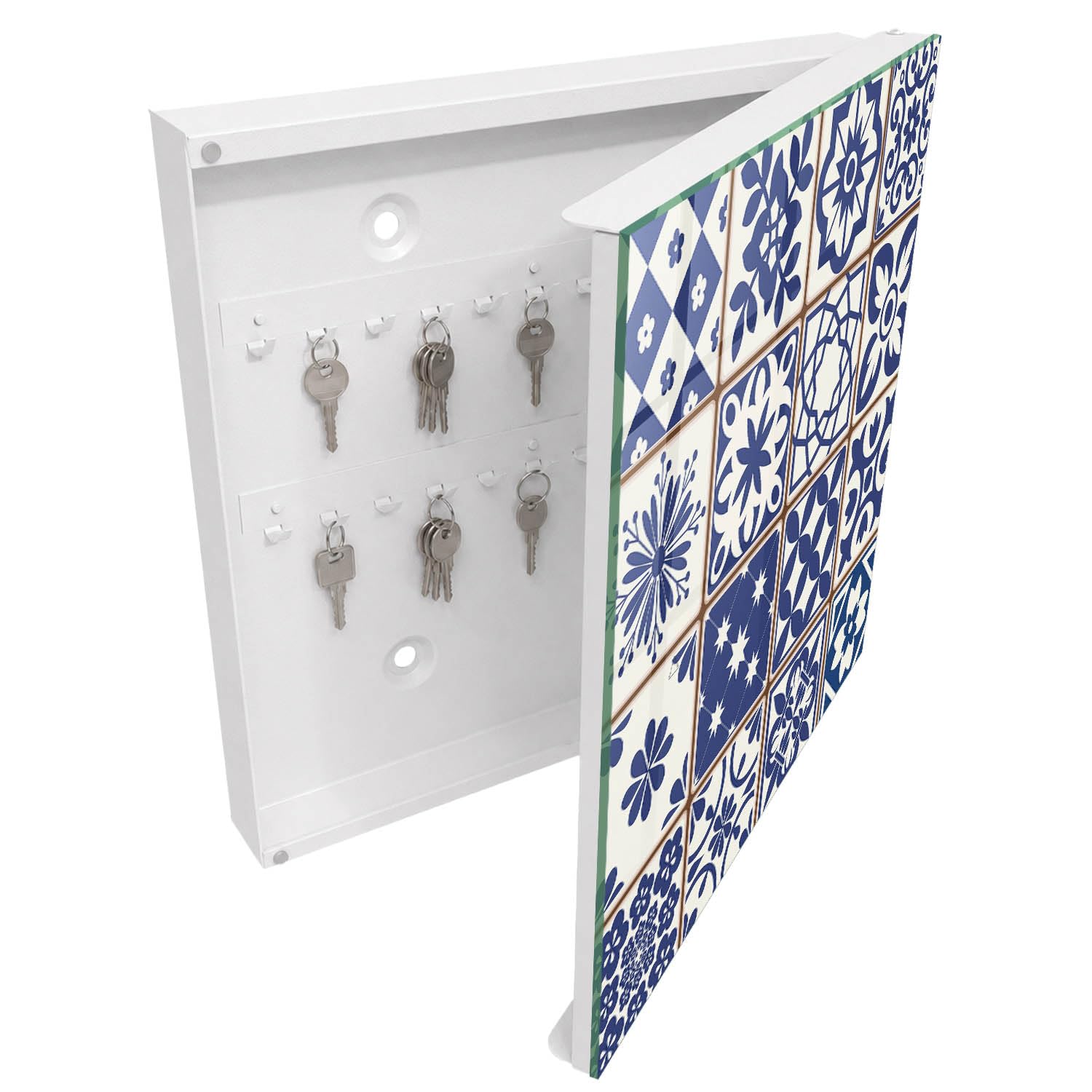 Armadietto Portachiavi 30x30 cm | Bianco | A Destra | Montaggio a Parete | Mosaico retrò | in Metallo | Frontale Decorativo in Vetro Temperato | per Uffici | Tasselli e Viti Inclusi