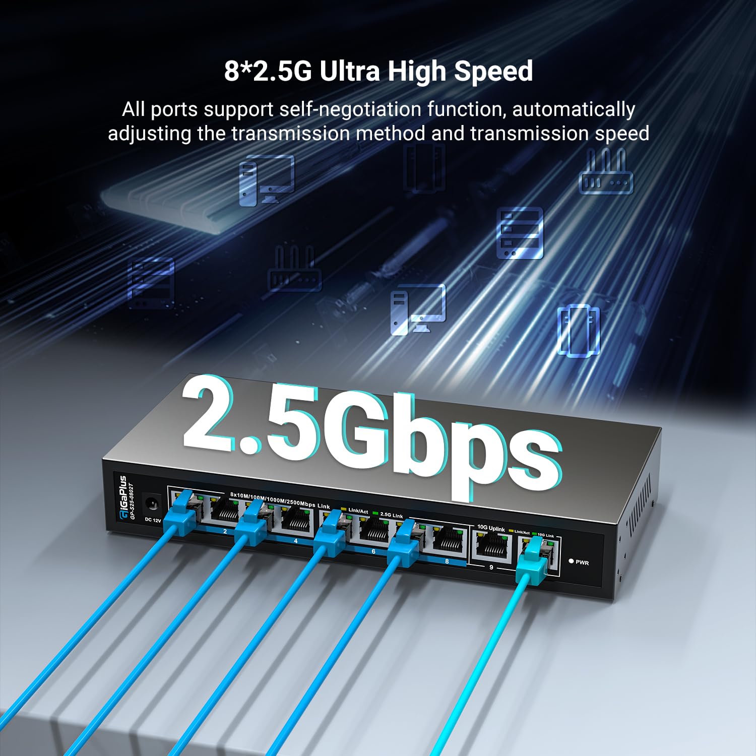 Switch Ethernet Non administrable 10 Ports 10Gb avec 8 Ports 2.5G Base-T et 2 Ports RJ45 10G. Capacité de Commutation de 80Gbit/s. Switch réseau GiGaPlus 10Gbit/s pour NAS/PC 2.5G/10Gbit/s