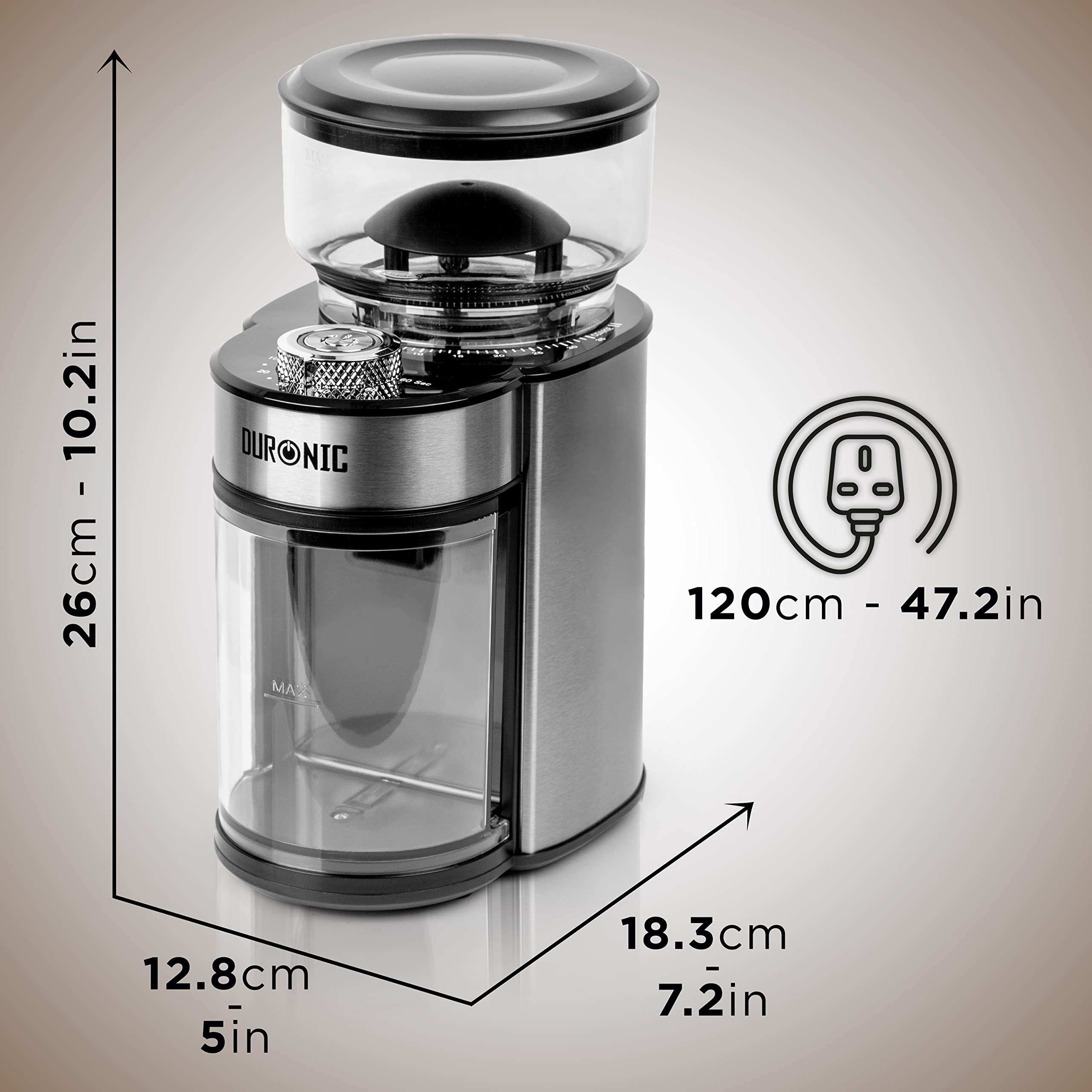 Duronic BG200 Elektryczny żarnowy młynek do kawy 200W | pojemność 200 g |regulacja stopnia zmielenia i czasu | do 12 filiżanek kawy