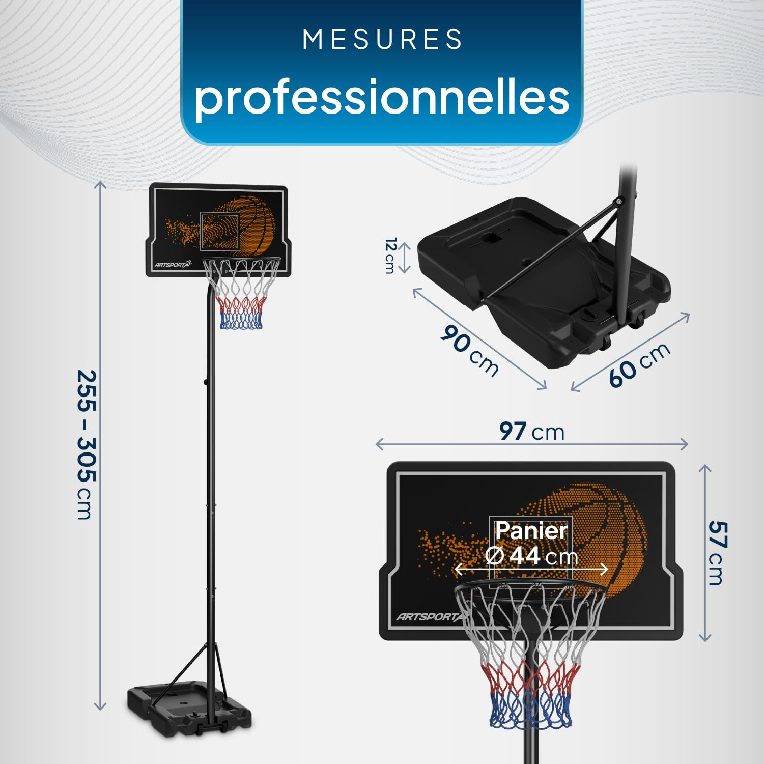 ArtSport Panier de Basket d'extérieur avec Pied et roulettes – Hauteur réglable de 255 à 305 cm Panier Adulte Enfant Support de Basket Noir