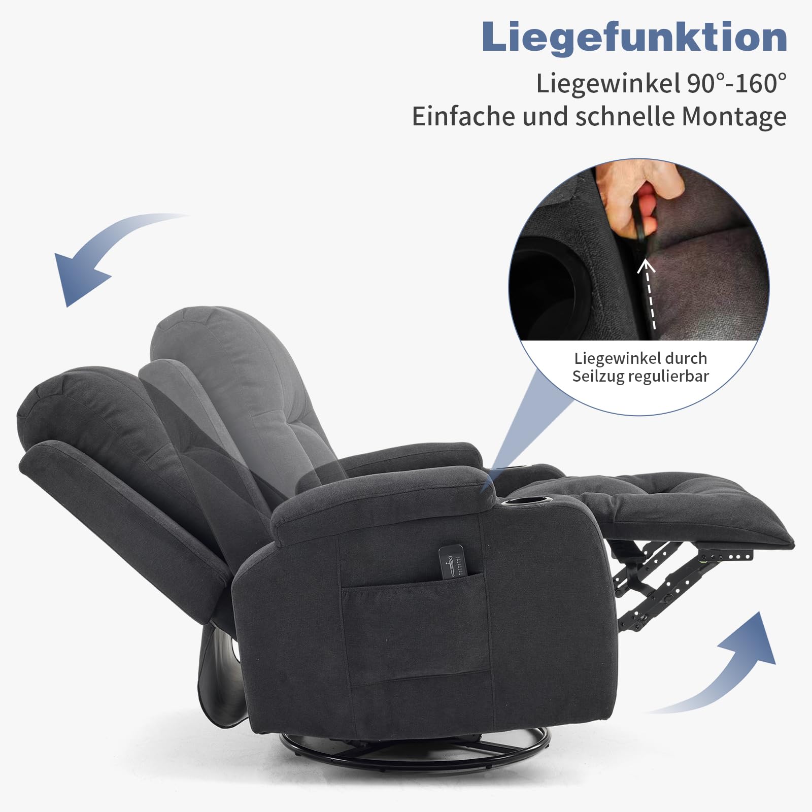 LEADZM Fernsehsessel Relaxsessel mit 360°-Drehung, Elektro-Massagesessel mit Liegefunktion, Massage, Heizung, 2 Seitentaschen und Getränkehalter, Schwarz