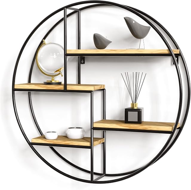 Gadgy Wall Shelf Round with 4 Shelves | Floating Shelf Round | Wall Shelf Wood & Welded Metal | Wall Decoration Living Room Industrial Style | Ø 42 x 10 cm