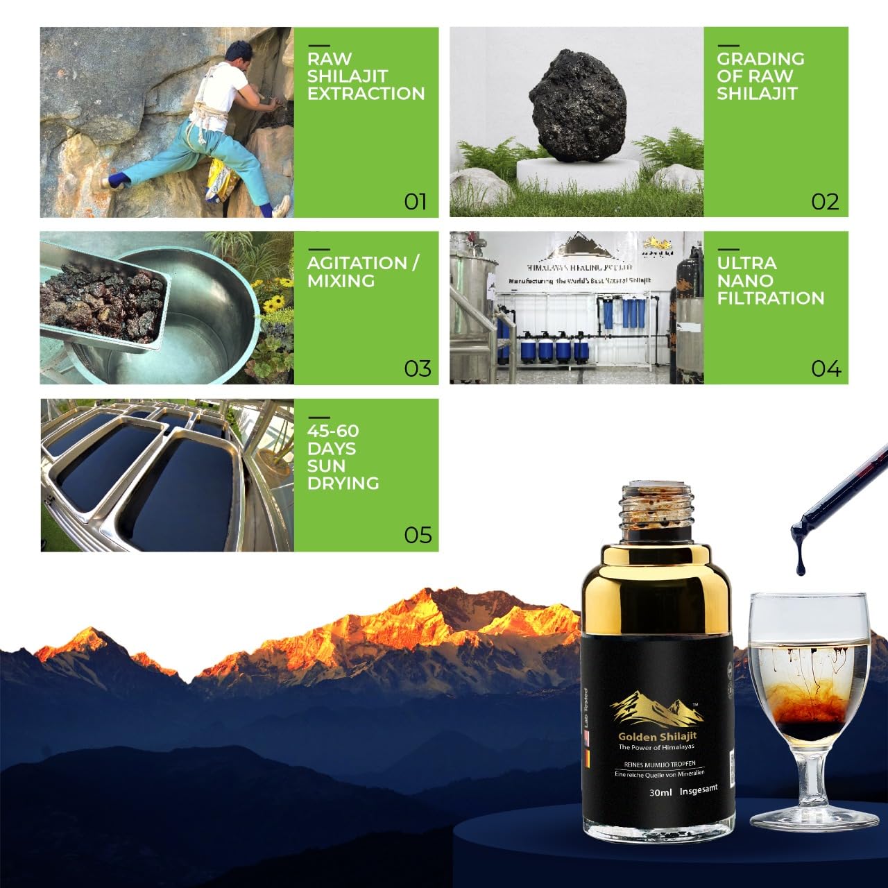 Goldene Shilajit-Tropfen 50 ml Flüssiges Himalaya-Mumijo-Shilajit 100-Tage-Vorrat Komplex mit über 85 Mineralien&Spurenelementen Fulvinsäure und Huminsäure Rein natürlich Vegan Laborgeprüft
