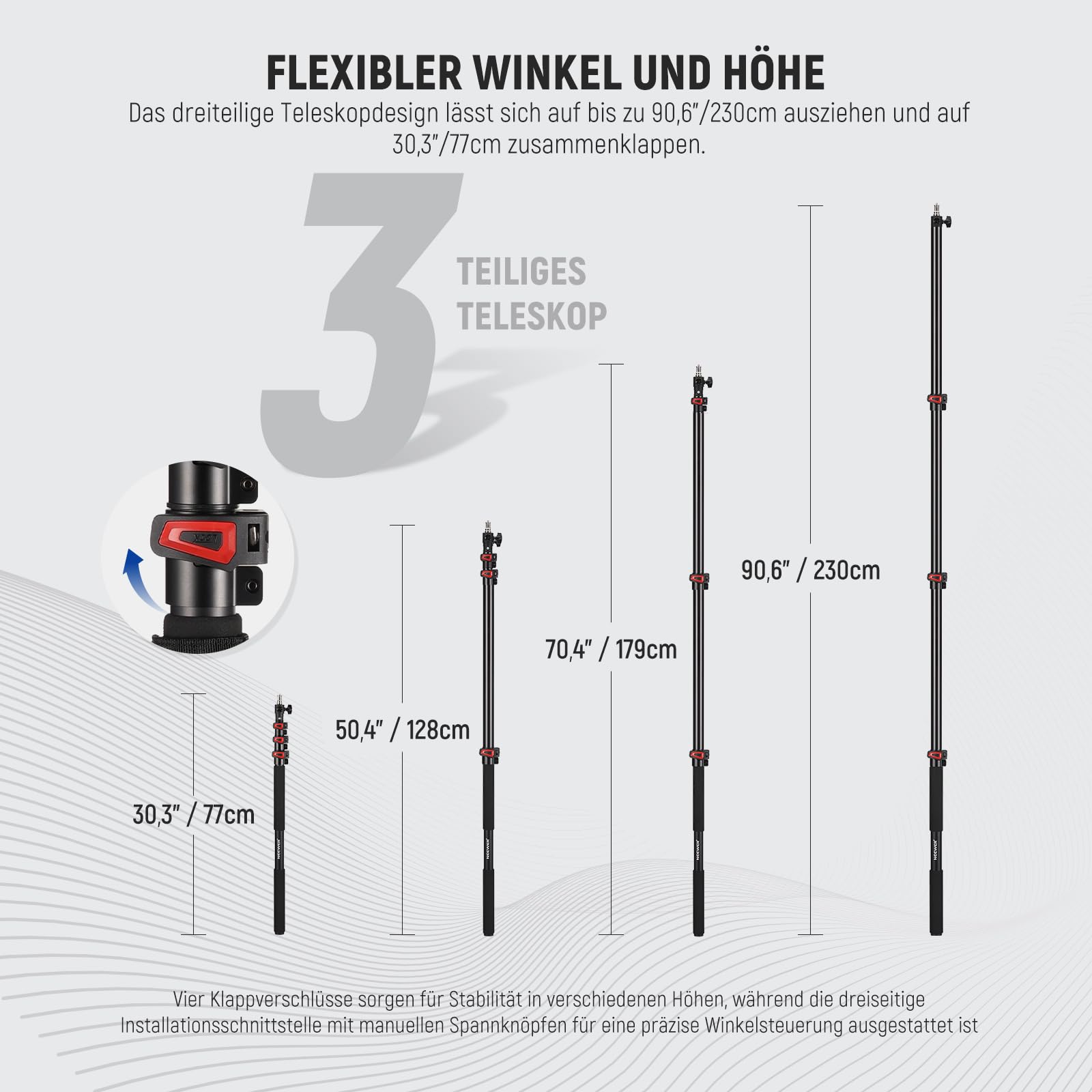 NEEWER 230cm Handliches Lichtstativ Teleskop Aluminium mit 1/4", 3/8", 5/8" Schraube/Einfachem Klappverschluss/Schultergurt/Kabelbindern/Tasche, Auslegerständer für Videolicht Flash Mikrofon, MS-230C