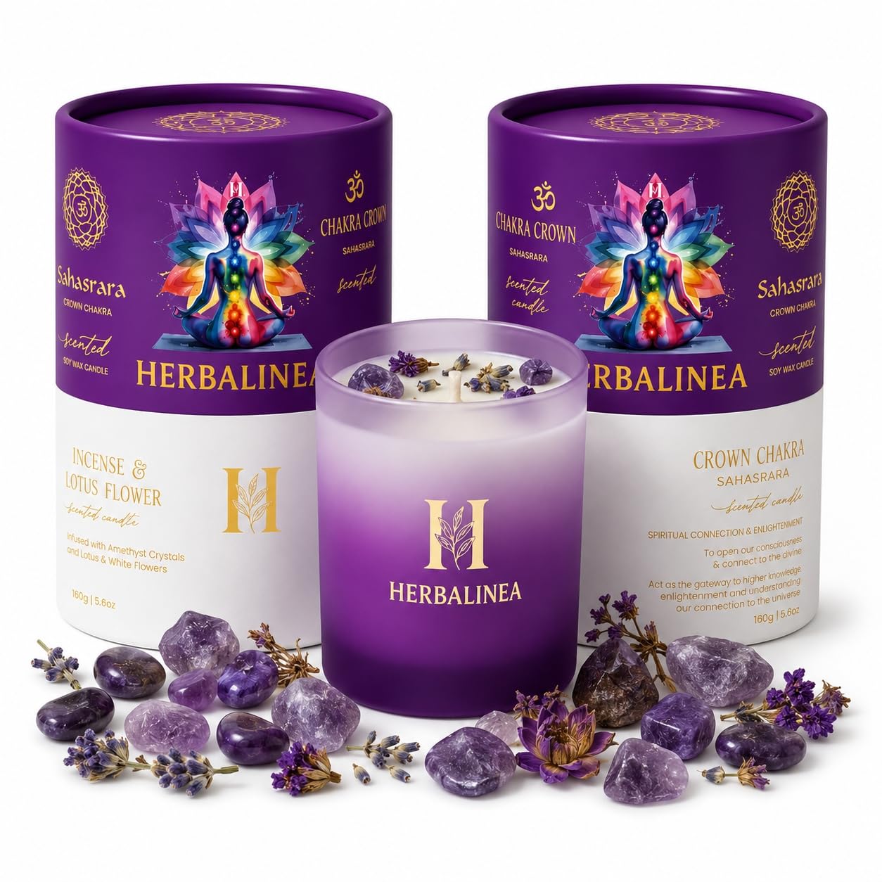 Bougie chakra de soja 100 % avec pierres naturelles et fleurs séchées, bougie parfumée pour méditation, yoga, relaxation et décoration, cadeau original, 160 g (violet - chakra couronne)