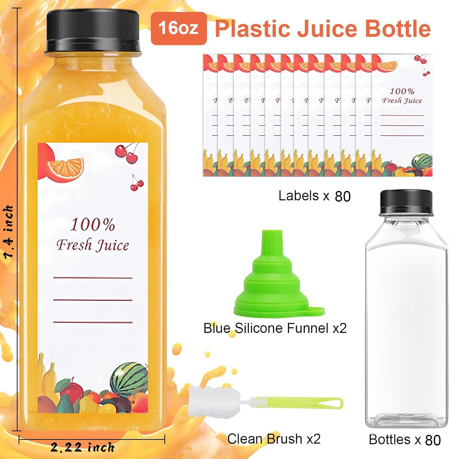 OBKJJ 80 botellas de jugo de plástico de 16 onzas, botella de jugo con tapas, botellas transparentes vacías reutilizables con etiqueta, embudo, cepillo, recipientes de bebidas a granel para jugos,