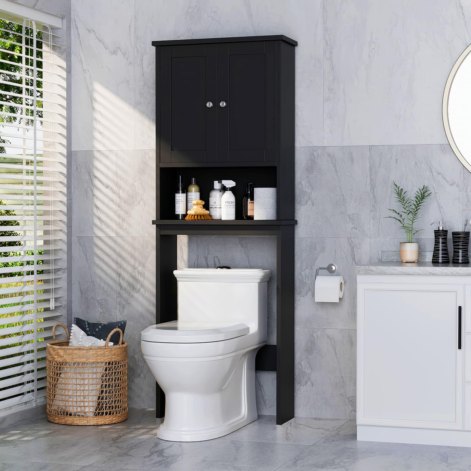 Meilocar Over The Toilet Storage Cabinet for Bathroom, Black Bathroom Storage Over Toilet, Space Saver W/Adjustable Shelf and Open Storage Shelf, Black