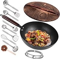 Leidawn 12.8" Pre-Seasoned Carbon Steel Wok 11-Pc Set with Lid & 10 Accessories - No Chemical Coating, Flat Bottom for Induction, Gas, Electric