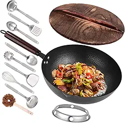 Wok de aço carbono de 32,5 cm - 11 frigideiras e frigideiras com tampa, woks chineses sem revestimento químico com 10 acessórios de panela, wok de fundo plano para fogões elétricos, de indução