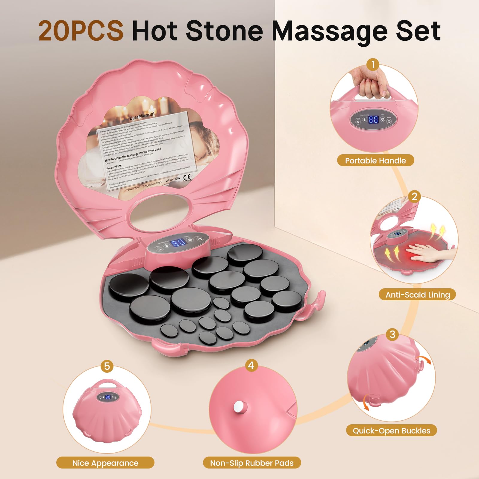 Kit de masaje de piedra caliente, juego de piedras de masaje basalto con caja térmica portátil, calor terapéutico de 3 niveles con temporizador para uso doméstico, terapia de masaje, spa, relajación