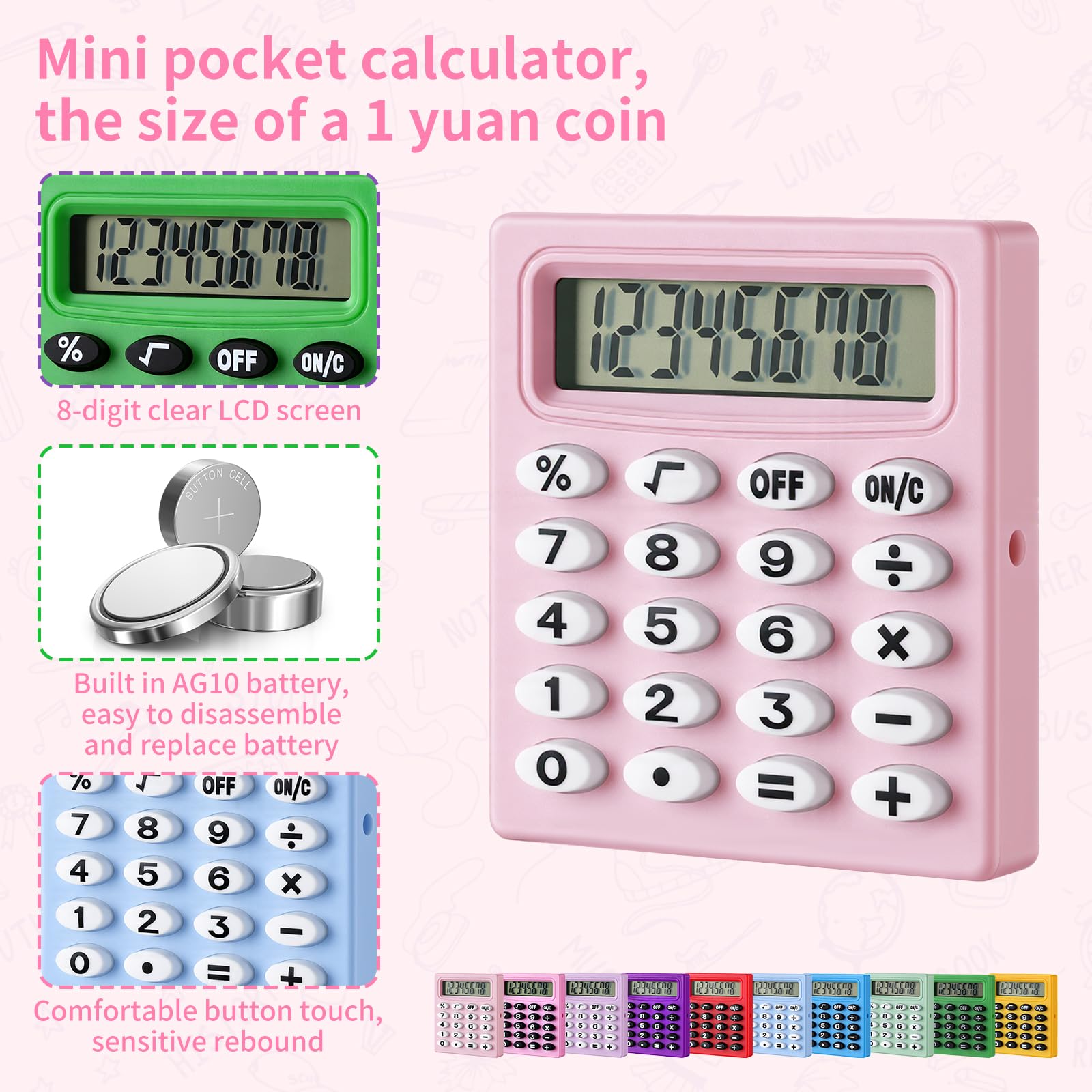 Lot de 100 petites calculatrices de poche à 8 chiffres pour étudiants, enfants, enseignants, école, bureau, maison (10 couleurs)