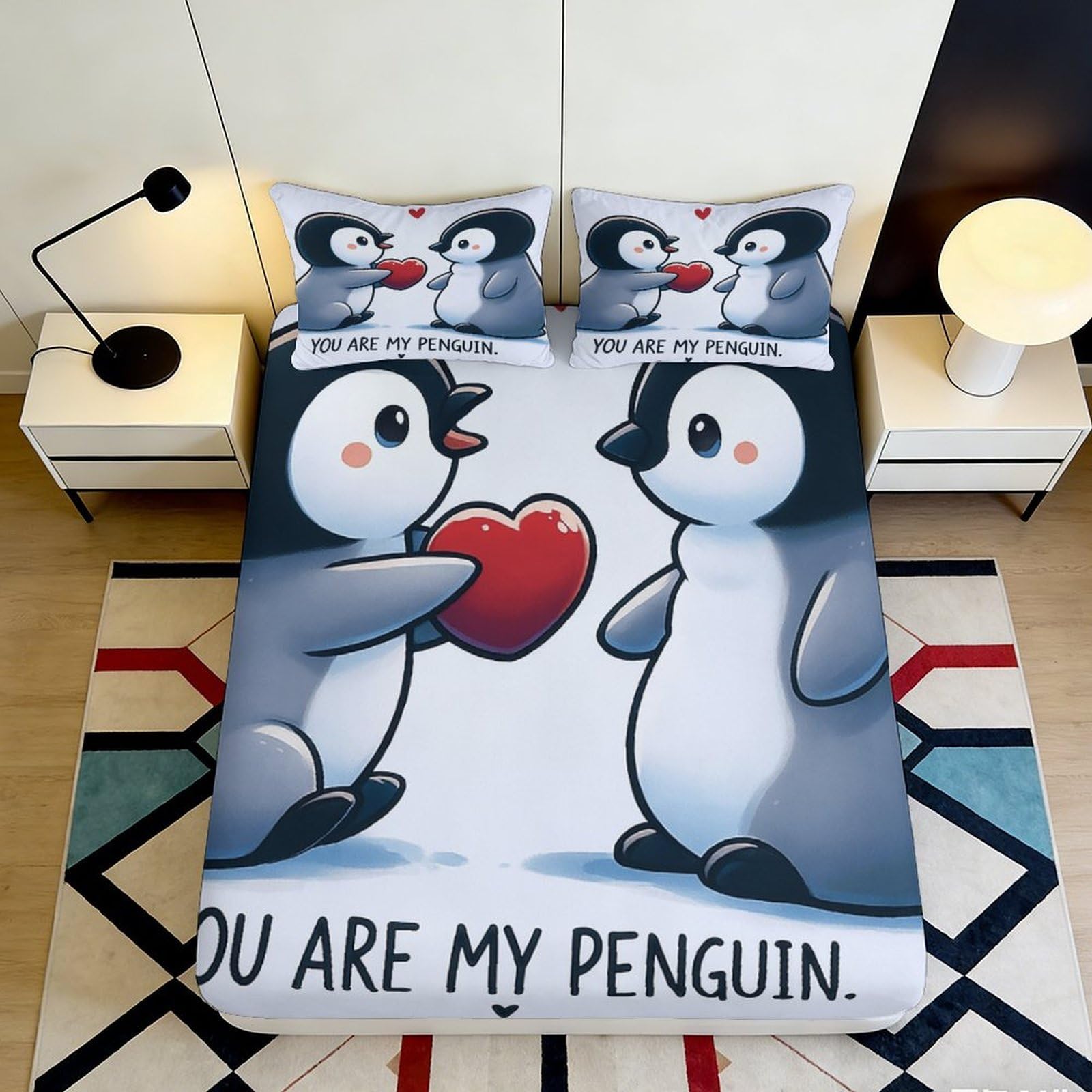 3D Printed Cartoon Penguin Fitted Sheet Microfiber Soft Anti-Slip Heart Bed Cover for Bedroom Dorm Mattress Decor 180x200x25cm
