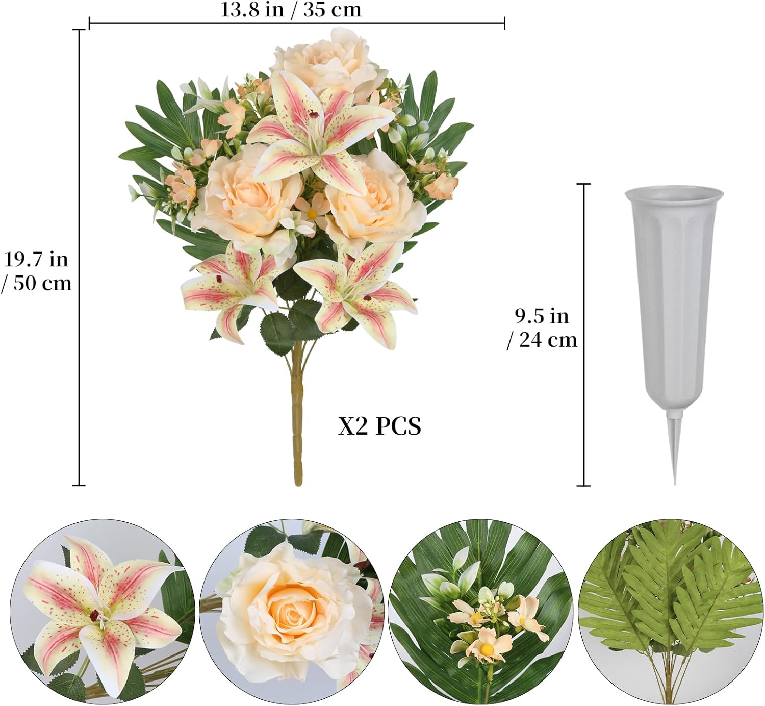 2Sets Artificial Cemetery Flowers with Cemetery Vase Artificial Rose Lily Memorial Graveyard Bouquets for Memorial Day Cemetery Headstones Outdoor Grave Decorations(Champagne)