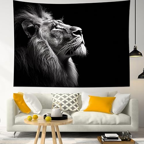 LB Tapiz de león de animales salvajes, león africano, blanco y negro, gris, para colgar en la pared, dormitorio, sala de estar, dormitorio, arte de