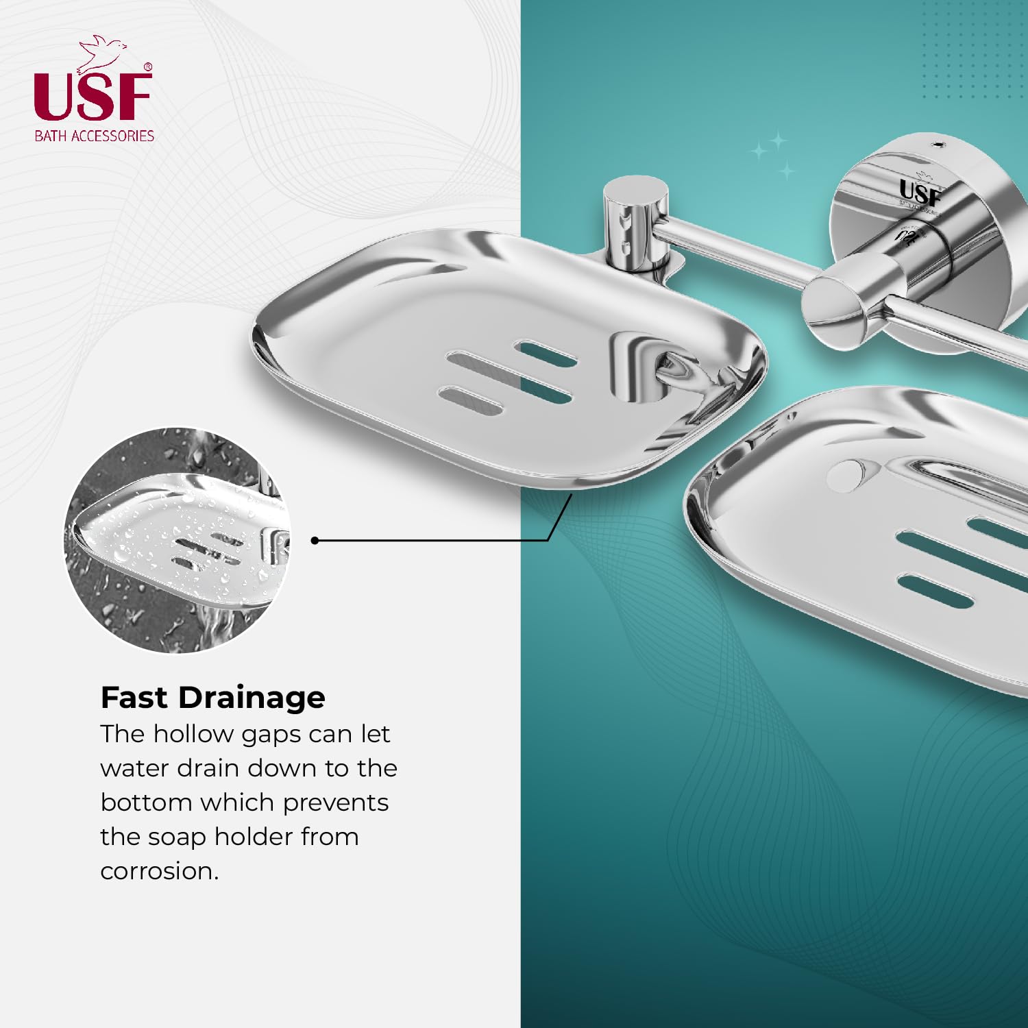 USF 100% Pure Satinless Steel Soap Holder for Bathroom | Steel Grade 304 | Zero Rust Dual Soap Stand | Wall Mounted Soap Dish Oragnizer with 25 Years Warranty (Chrome Finish) 3