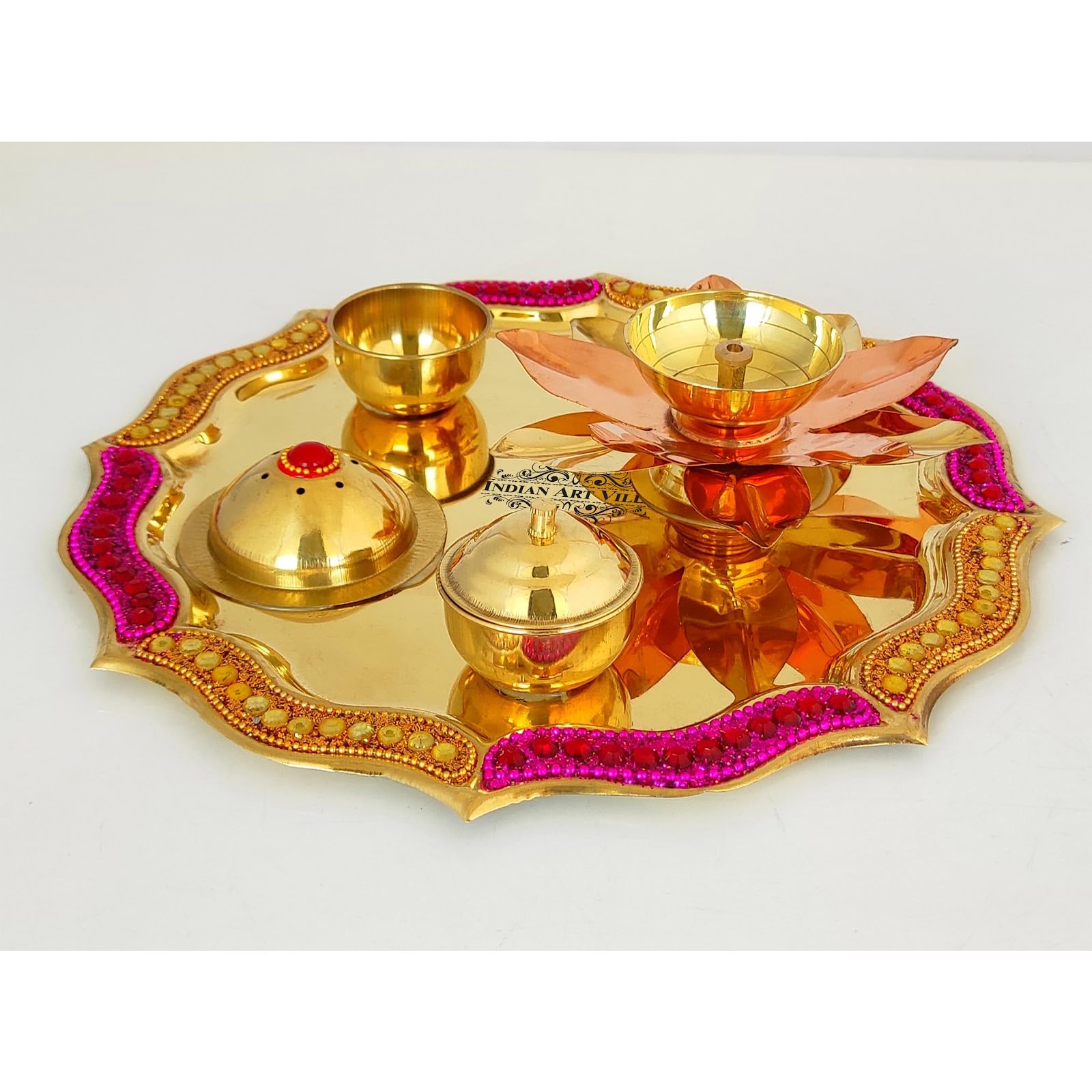 INDIAN ART VILLA Brass Red Beaded Design Pooja Thali, Aarti thali for Home/Temple, Spiritual Gift Item (Golden, 10 Inches) - Pack of 1 2