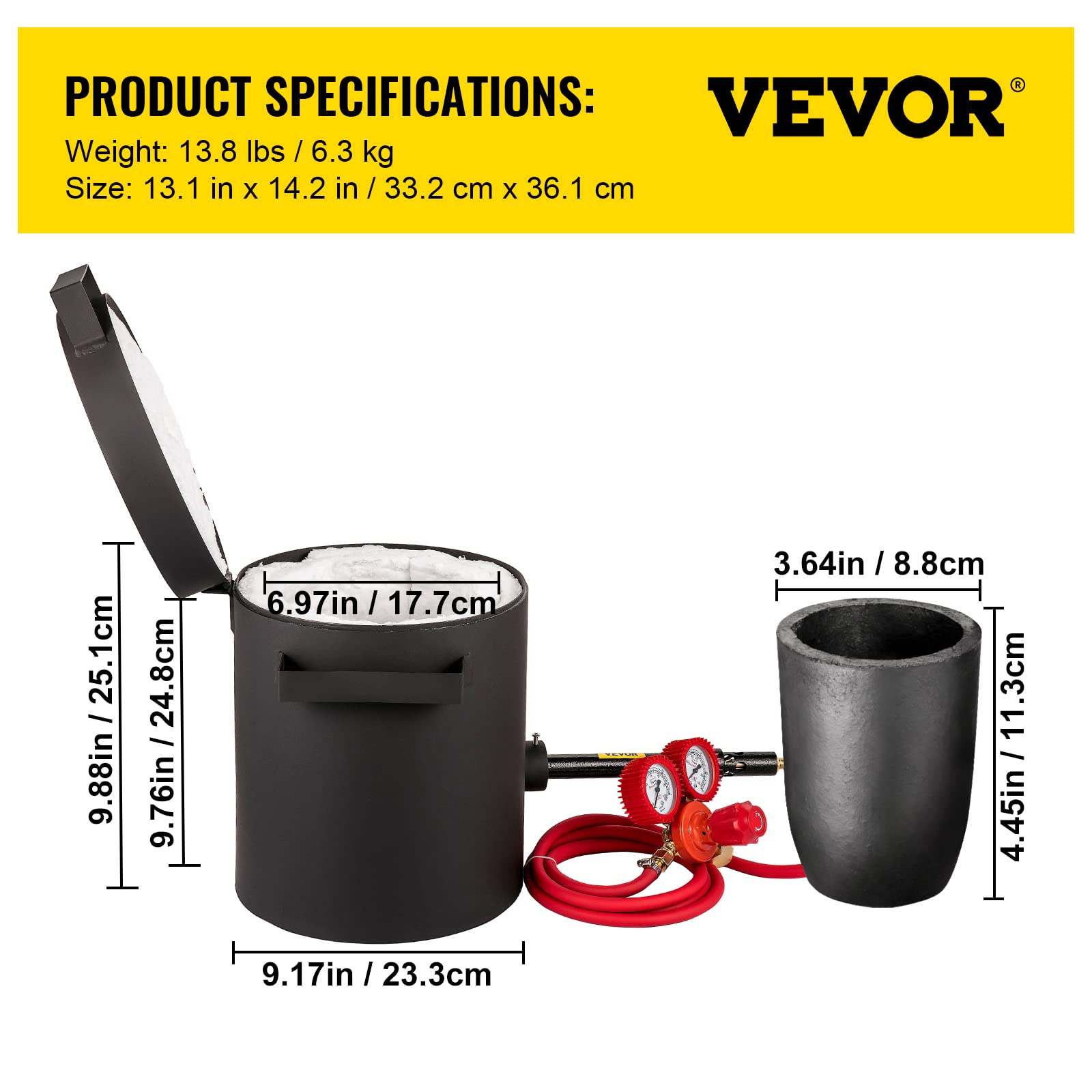 VEVOR Forge à Gaz Propane Four Fusion 76,8 kW·h avec Creuset Graphite 2 kg, Four de Fusion de Métaux 1350℃ Temps de Fusion 10 min avec Brûleur à Gaz pour Fondre Cuivre Or Argent Aluminium Zinc Noir