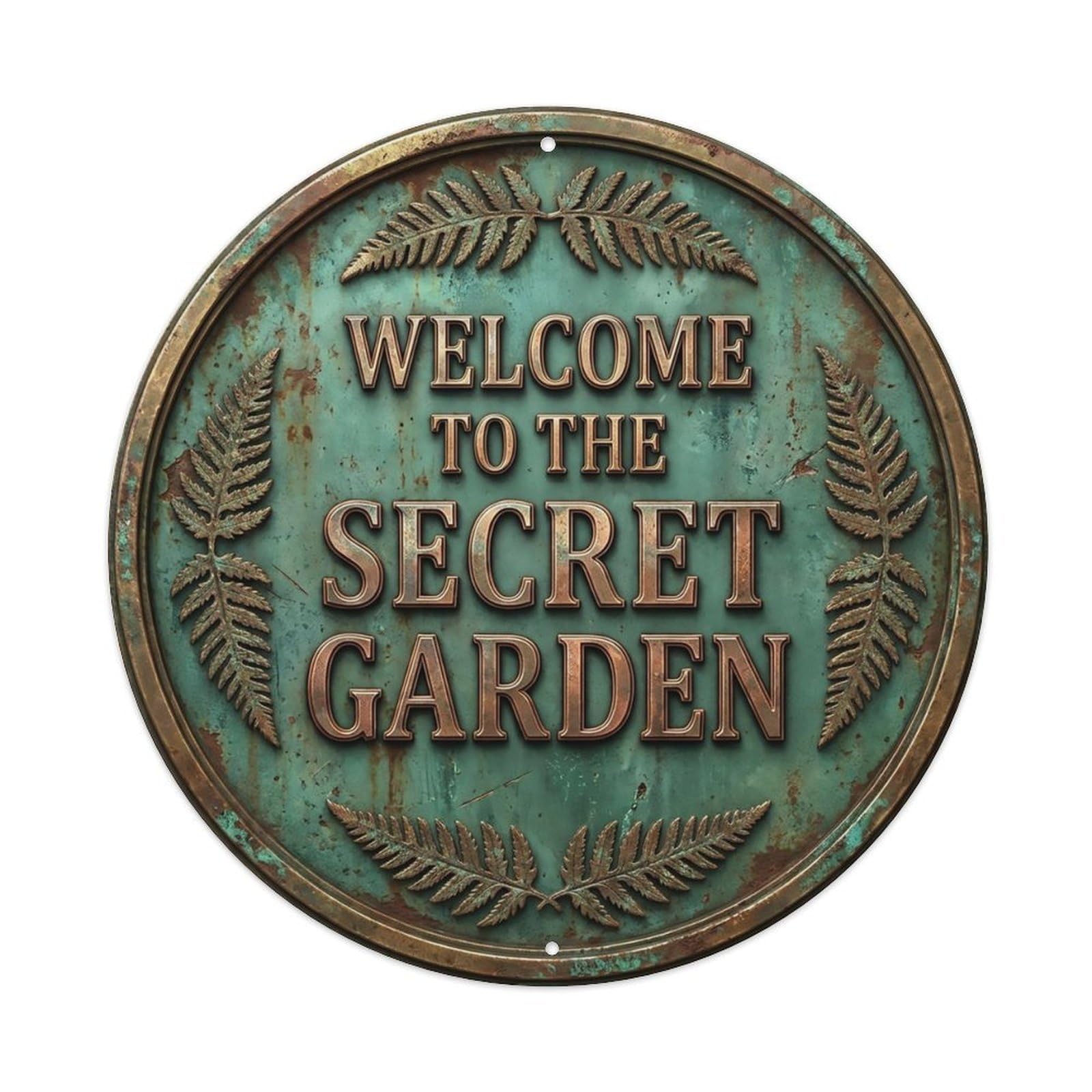 Vintage Welcome Secret Garden Brass Fern Distressed Metal Tin Sign